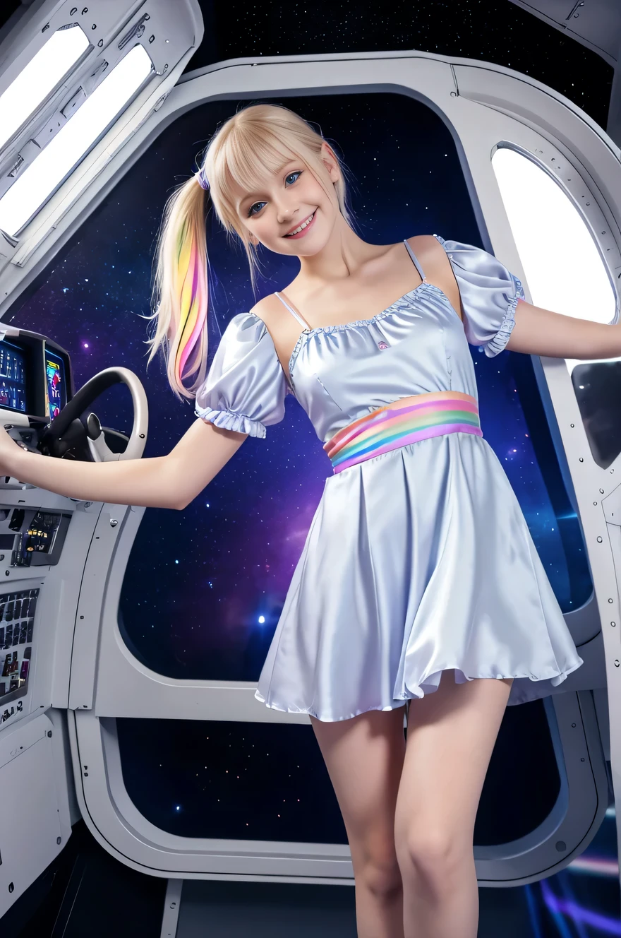 cute 19-year-old blond haired woman, pale white skin, happy, smiling, in twin tails, perfect blue eyes, pale goth skin, silky smooth skin, flying a fancy metal luxurious space ship, futuristic cockpit, she's a pilot, outer space seen in windows, dark warm lighting, wearing a futuristic dress, pleated (chemise) mini dress (pastel rainbow colors, and polka dots), puffy sleeves, silk, pantyhose, cute short cut booties, boots.