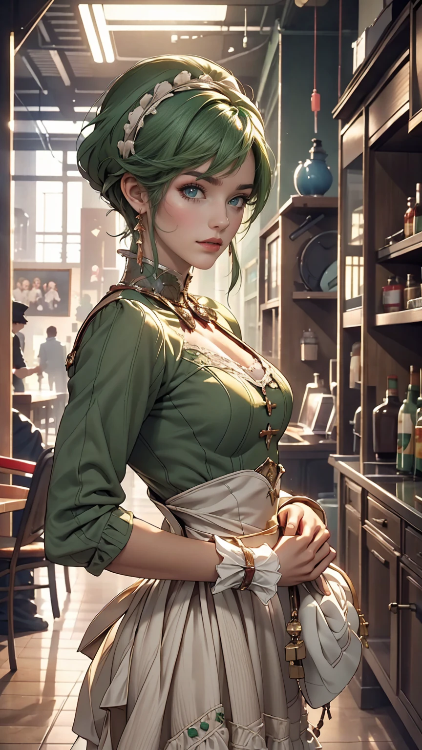 (Cowboy Shot), SFW,  (masterpiece), (highest quality:1.0), (Ultra-high resolution:1.0), Fine grain, break , Miss Martian YJ, Green skin, short hair, One girl, sweet_Lolita, break, (street, indoor,  Nice views)