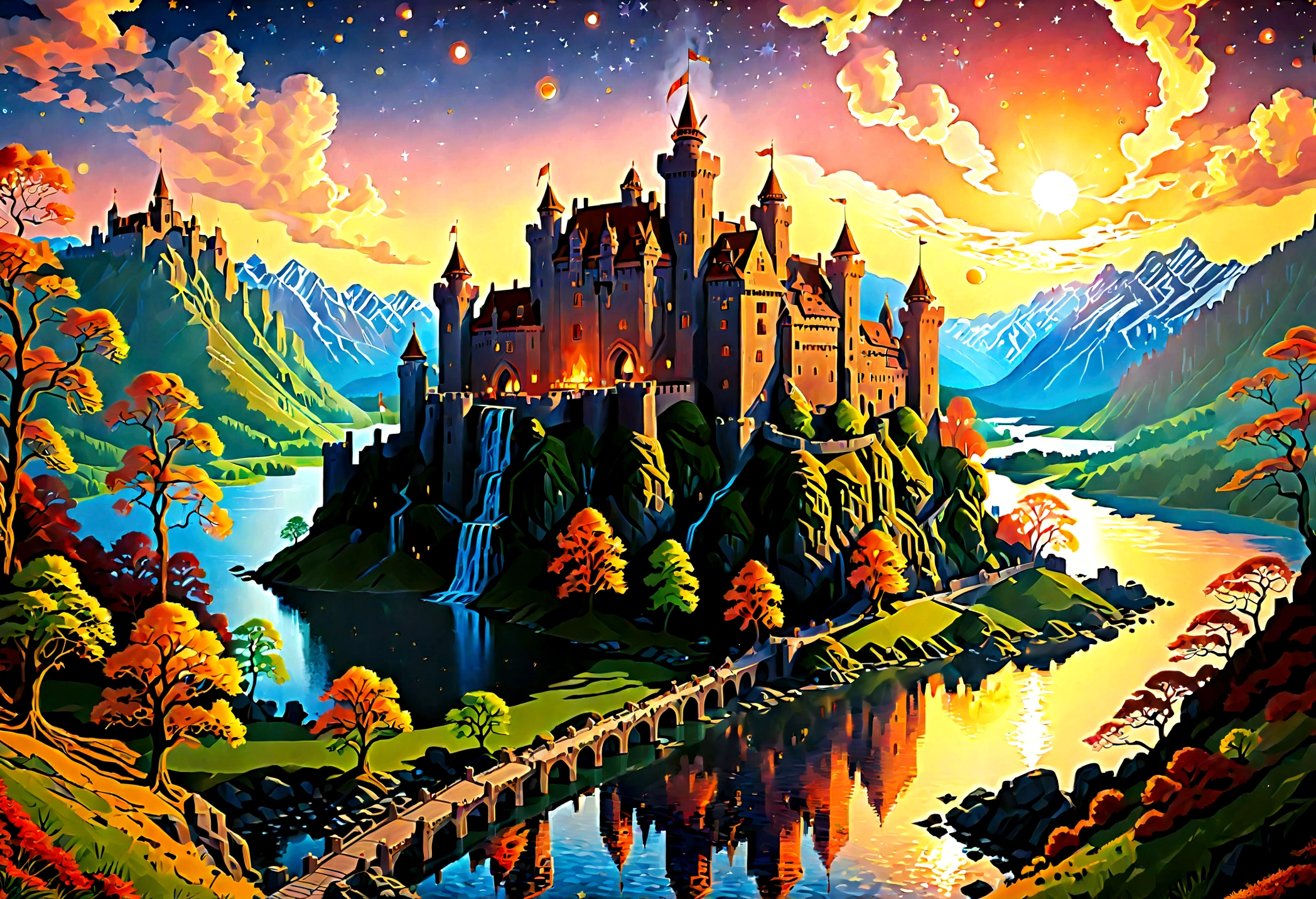 an award winning picture, National Geographic style, Arafed, magnificent artistic picture of a (castle: 1.4) on a mountain range near a lake at dusk, fantasy art D&D art, castle, with towers, turrets, barbican, it is dusk time, the sun is going down, and there are stars in the skies, the last rays of sun, there is a ((bridge lit by torches: 1.4)) crossing to the other side, fantasy forest background, ultra best realistic, best details, 16k, [ultra detailed], masterpiece, best quality, (extremely detailed), photorealism, depth of field, hyper realistic painting, Cinematic Hollywood Film style, digital art