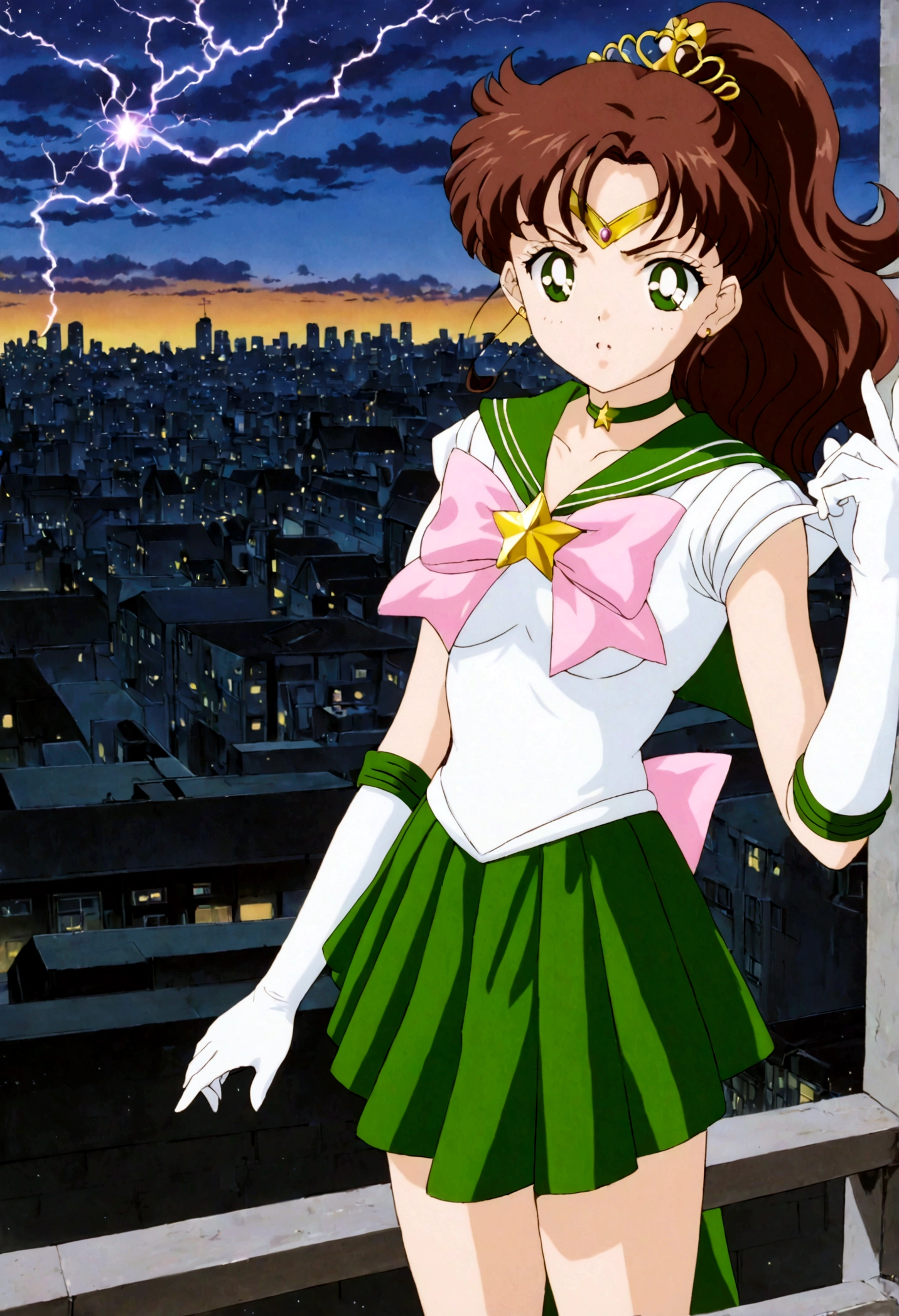 masterpiece, best quality, 1girl, solo, looking at viewer, facing viewer, night, rooftop, city, cityscape, anime screencap,1990s \(style\), (art by Naoko Takeuchi), EPsmSailorJupiter, green eyes, brown hair, long hair, ponytail, hair ornament, hair bobbles, brooch, heart brooch, jewelry, tiara, choker, green choker, star choker, skirt, green skirt, pleated skirt, bow, back bow, pink bow, gloves, white gloves, elbow gloves, earrings, sailor collar, star (symbol), green sailor collar, sailor senshi uniform, determined face, hands in the air, standing ready to fight, lighting bolts shooting from her tiara