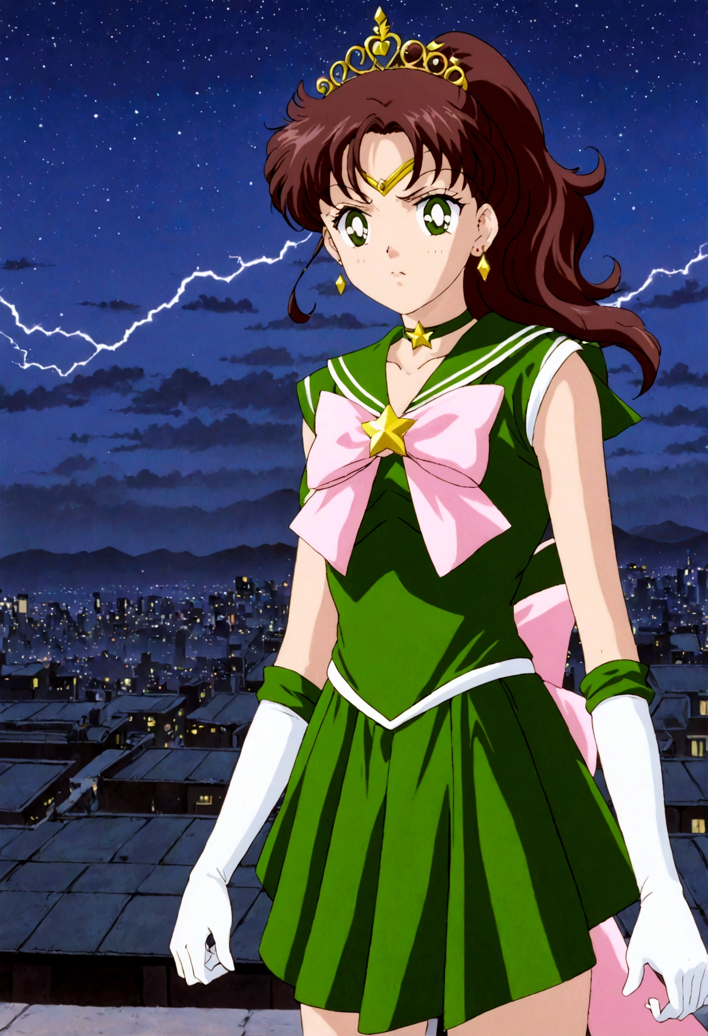 masterpiece, best quality, 1girl, solo, looking at viewer, facing viewer, night, rooftop, city, cityscape, anime screencap,1990s \(style\), (art by Naoko Takeuchi), EPsmSailorJupiter, green eyes, brown hair, long hair, ponytail, hair ornament, hair bobbles, brooch, heart brooch, jewelry, tiara, choker, green choker, star choker, skirt, green skirt, pleated skirt, bow, back bow, pink bow, gloves, white gloves, elbow gloves, earrings, sailor collar, star (symbol), green sailor collar, sailor senshi uniform, determined face, hands in the air, standing ready to fight, lighting bolts shooting from her tiara