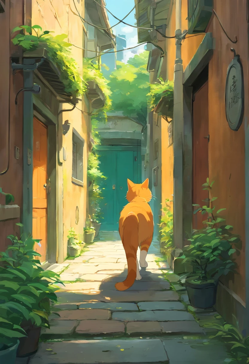 An orange cat walking down an alleyway in a quiet city, the atmosphere is calm and peaceful, green eyes, masterpiece, cute,