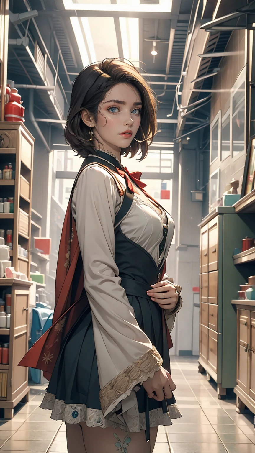 (Cowboy Shot), SFW,  (masterpiece), (highest quality:1.0), (Ultra-high resolution:1.0), Fine grain, break , Miss Martian YJ, Green skin, short hair, One girl, sweet_Lolita, break, (street, indoor,  Nice views)