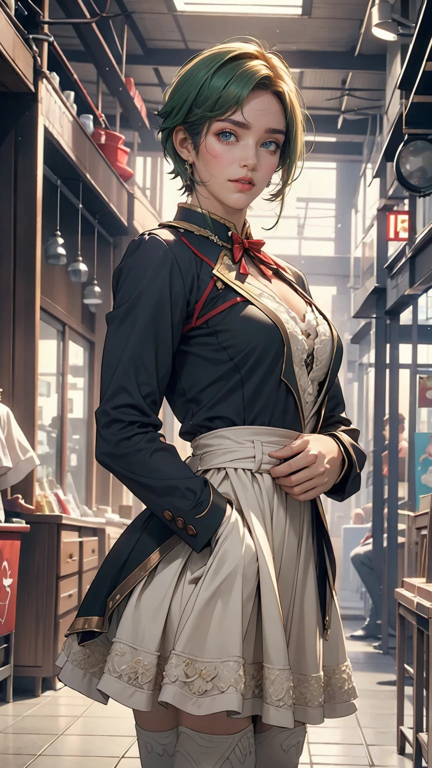 Chunli, Red eyeshadow:1.2, smile, Big Breasts, compensate:1.2, White Belt, Chai Pao, short hair, Brown Hair, Double Bang, , spike bracelet, sash, Brown pantyhose, One girl, alone, (masterpiece:1.6, Highest quality), 8k, Insane Details, Intricate details, Super detailedな, super high quality, Attention to detail, Super detailed, High resolution, ray tracing reflection, Cinema Lighting,