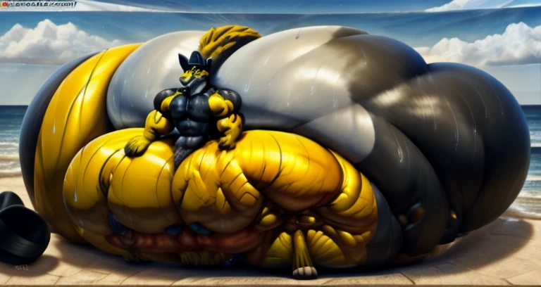 4k, high resolution, best quality, perfect lightning, perfect, solo, anthro, young, boy,golden yellow wolf:2.0, furry body, (fluffy mane:1.2), fluffy tail, male, adult, (bulky2:0, thick muscles2:0, huge muscles:2.0, hyper muscles:2.0), (thick biceps, veiny biceps, broad shoulders:2.0), (thick legs, thick calves:1.1), (digitigrade legs, 4 toes:1.2), perfect colors, (photorealistic fur, detailed fur, epic, masterpiece), (suggestive posing:1.2), (seductive smile, lustful grin 1.3), detailed beach,detailed wolf eyes:2.0, by k0suna, by darkgem,nipple ring,hyper arms:2.0,veins,golden yellow fur,hyper butt:2.0,hyper paws:2.0,standing,thick legs,thick butts:2.0,sweat body:2.0,massive butt:2.0,black hat,hyper ass:2.0,huge ass,long legs,juicy butt:2.0,butt like a wall:2.0,fat butt,butt fill most of picture:2.0,fat legs,extremely hyper butt:2.0