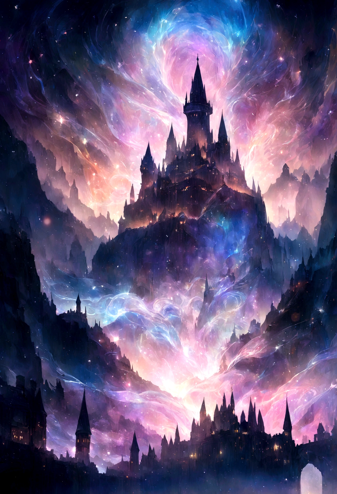 Harry Potter, marvel comic style, shimmering lights, castle in background, whirls of vapor, iridescent texture, ethereal ambiance, delicate details, insane amount of details, magical atmosphere, sparkles, magical elements.