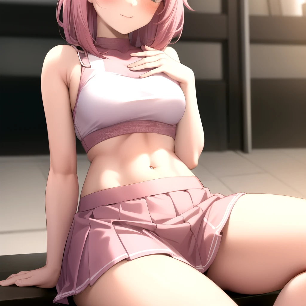 Giantess pink skirt pink croptop pink hair sitting on a tiny man