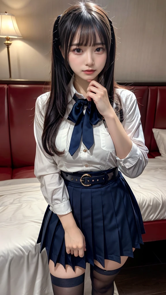 (8K, Raw photography, top-quality, masterpiece:1.2), master piece, best quality, illustration, Super detailed, fine details, High resolution, 8K,wall paper, perfect dynamic composition,(Details High quality, realistic depiction of eyes:1.3), The background is a luxury hotel room、High school girl uniform、blazer 、Super Short Check Uniform Skirt、Navy blue high socks、garterbelts、Colossal tits、 uniform, short bob hair, black hair color, huge breasts, Big Natural Color Lip, bold sexy poseerfect body shape), crying a little、 Beautiful makeup,glitter makeup,Cutest 18 years old, beautiful legs, hposing Gravure Idol, Voluptuous thighs