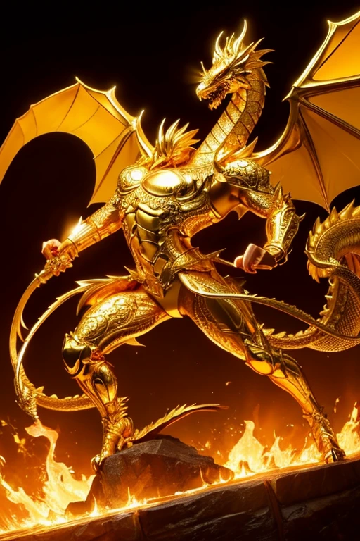 Create an image of a golden dragon with its entire body shining in gold.