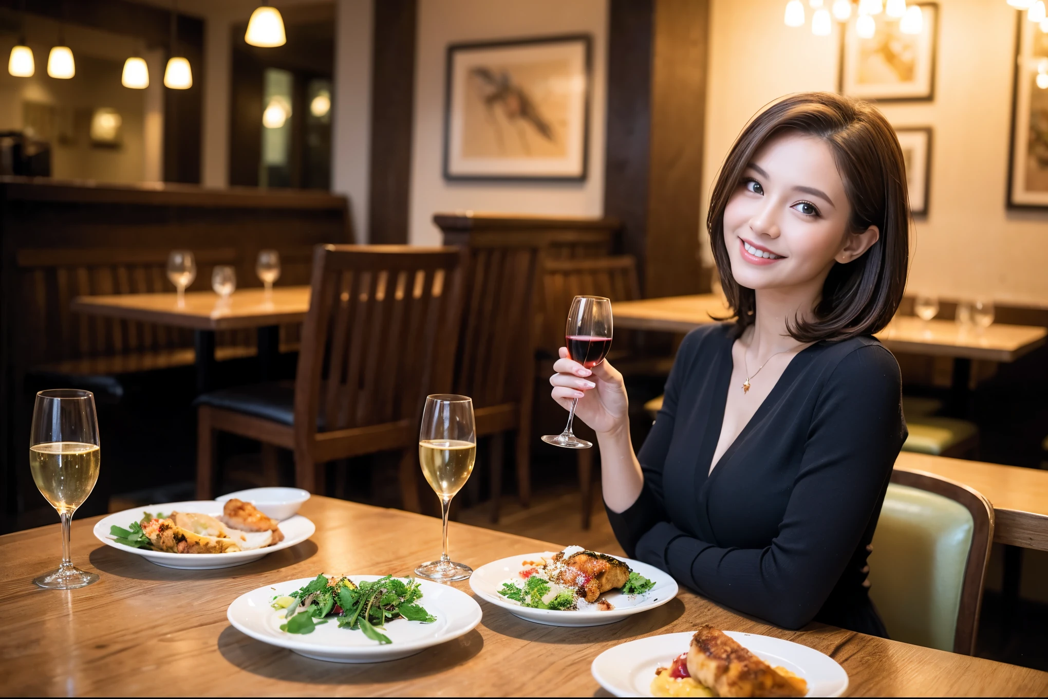 ((highest quality、8k、masterpiece:1.3))、beauty、1 male1 female、Couple、Spouse、half、The body is slim、((Bob Hale、Straight hair:1.2)), (Realistic, Intricate details:1.2), Fullcorse Dinner,Wine glass on the table、Shine light on your face、 Amazing view of the sunset sky and clouds、A bright smile、The wonderfulness of smile、Bright image、The beauty of wine, Beautiful Face, blue eyes, The light shines on your face, Blushing, short hair,Bright Face、 (Age 45), 39 years old, red wine 、Appetizers、Italian food、Wine bottle、Champagne、sparkling wine、Two beauties、Brown Hair、Shortcuts、Long sleeve shirt、dress、Pretty Woman 1, (Slim face), (The body is slim), (Brown Hair), (Shortcuts), cheeks turn a little red,Attractive beauty、restaurant, In a prominent place (From the waist up) Nova Frog Style, actress, model, Upper Body, White wine, slim, wine glass, A wine glass placed in the center, smile, (smile: 1.15), Beautiful fine grain, Depth f/2,saturation, High Contrast, Strong light and shadow,Moist Body:1.5、3D texture、Delicate eyes、Brown Hair、The hair is very shiny、