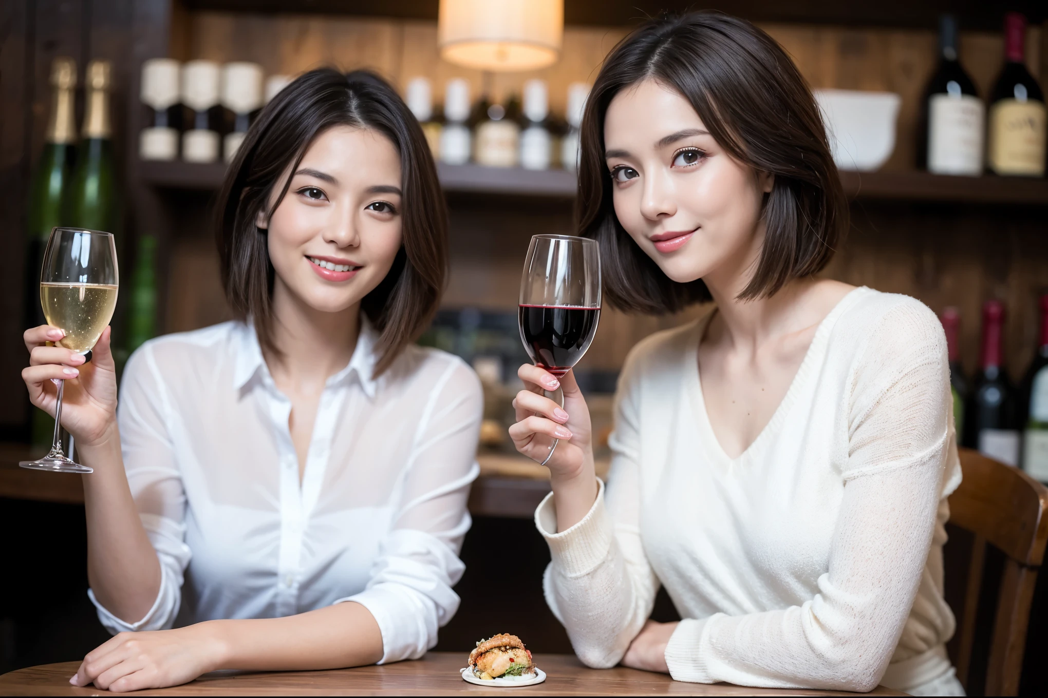 ((highest quality、8k、masterpiece:1.3))、beauty、1 male1 female、Couple、Spouse、half、The body is slim、((Bob Hale、Straight hair:1.2)), (Realistic, Intricate details:1.2), Fullcorse Dinner,Wine glass on the table、Shine light on your face、 Amazing view of the sunset sky and clouds、A bright smile、The wonderfulness of smile、Bright image、The beauty of wine, Beautiful Face, blue eyes, The light shines on your face, Blushing, short hair,Bright Face、 (Age 45), 39 years old, red wine 、Appetizers、Italian food、Wine bottle、Champagne、sparkling wine、Two beauties、Brown Hair、Shortcuts、Long sleeve shirt、dress、Pretty Woman 1, (Slim face), (The body is slim), (Brown Hair), (Shortcuts), cheeks turn a little red,Attractive beauty、restaurant, In a prominent place (From the waist up) Nova Frog Style, actress, model, Upper Body, White wine, slim, wine glass, A wine glass placed in the center, smile, (smile: 1.15), Beautiful fine grain, Depth f/2,saturation, High Contrast, Strong light and shadow,Moist Body:1.5、3D texture、Delicate eyes、Brown Hair、The hair is very shiny、