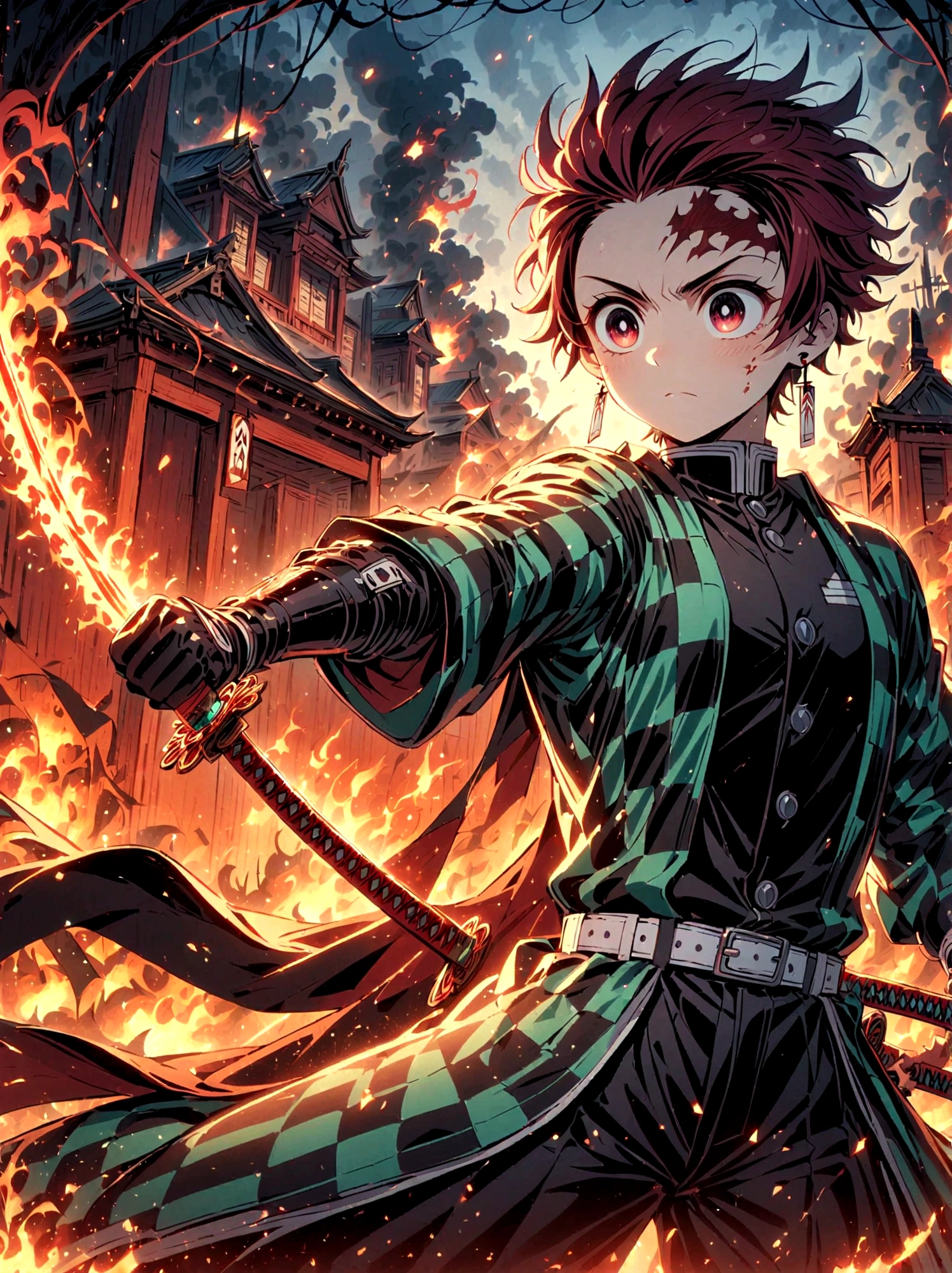 Kamado Tanjirou, Demon Slayer anime, Weapon Focus，Bright red hair, Sparkling red eyes，muscular，Intricate tattoos，(Holding a burning katana:1.5)，An element of danger and tension，Plaid clothes, demon slayer uniform, Black pants, fighting, Fire, explode, Dynamic poses, temple, Vision