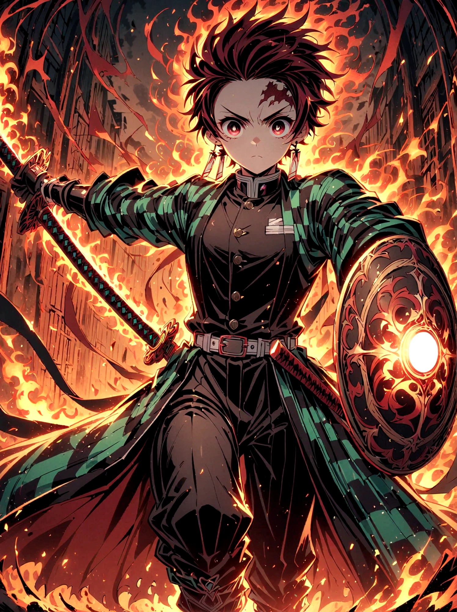 Kamado Tanjirou, Demon Slayer anime, Weapon Focus，Bright red hair, Sparkling red eyes，muscular，Intricate tattoos，(Holding a burning katana:1.5)，An element of danger and tension，Plaid clothes, demon slayer uniform, Black pants, fighting, Fire, explode, Dynamic poses, temple, Vision