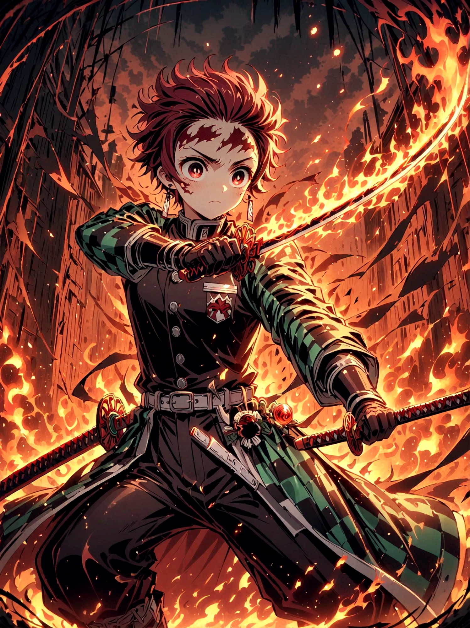 Kamado Tanjirou, Demon Slayer anime, Weapon Focus，Bright red hair, Sparkling red eyes，muscular，Intricate tattoos，(Holding a burning katana:1.5)，An element of danger and tension，Plaid clothes, demon slayer uniform, Black pants, fighting, Fire, explode, Dynamic poses, temple, Vision