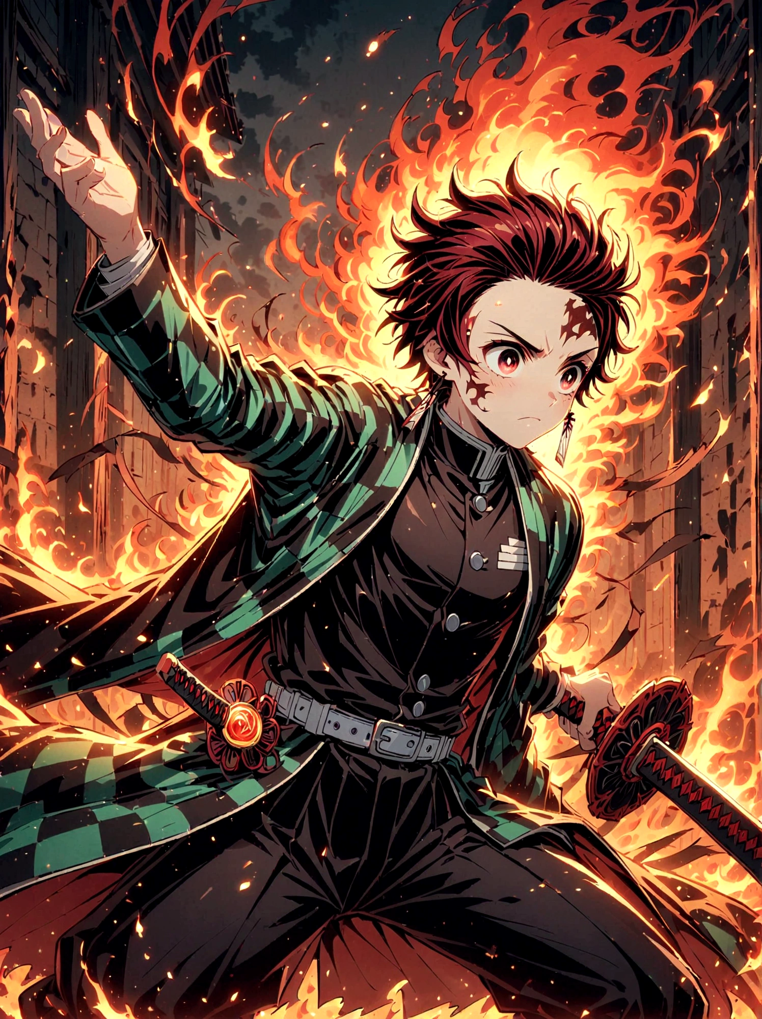 Kamado Tanjirou, Demon Slayer anime, Weapon Focus，Bright red hair, Sparkling red eyes，muscular，Intricate tattoos，(Holding a burning katana:1.5)，An element of danger and tension，Plaid clothes, demon slayer uniform, Black pants, fighting, Fire, explode, Dynamic poses, temple, Vision