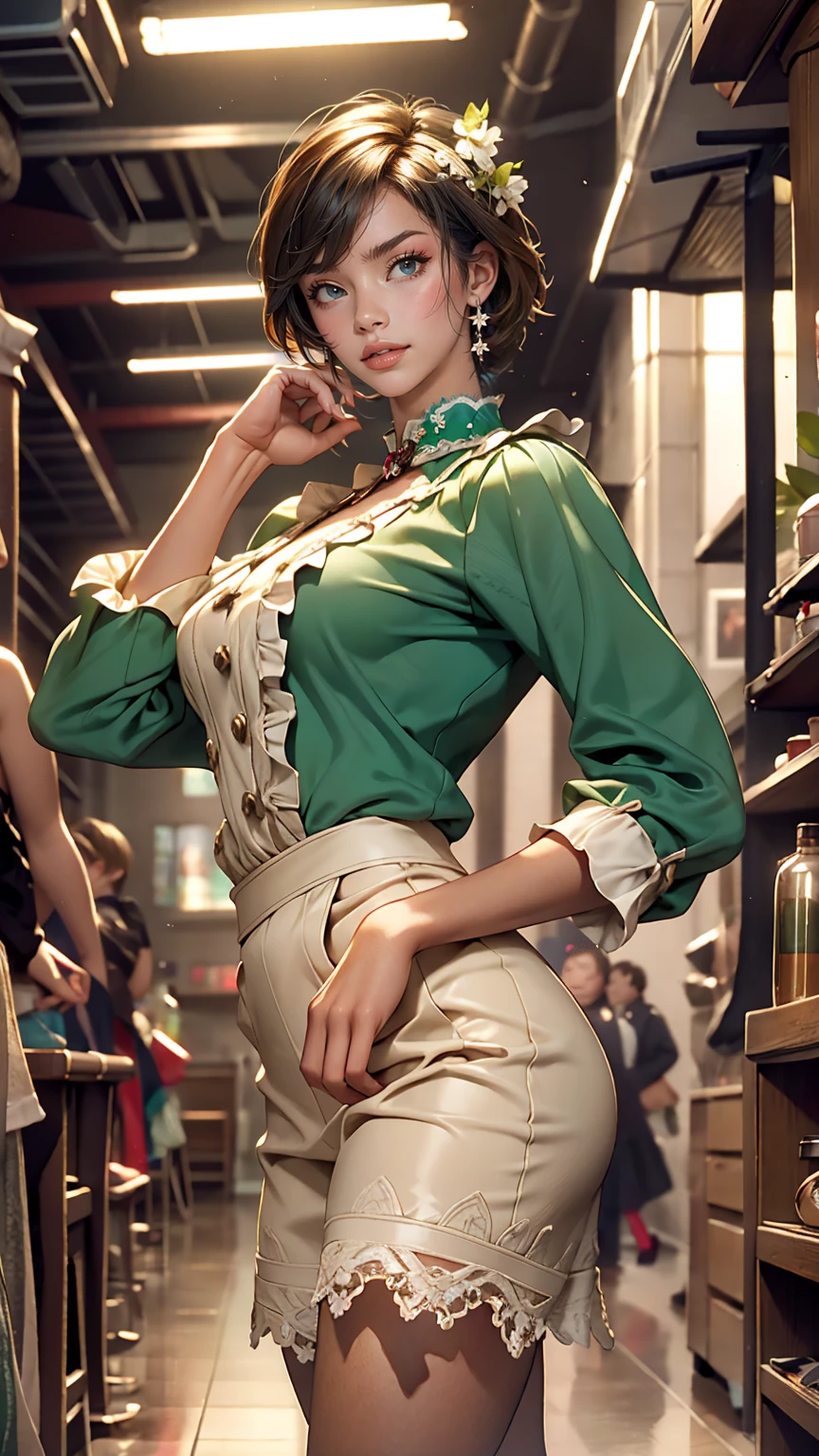 (Cowboy Shot), SFW, (masterpiece), (highest quality:1.0), (Ultra-high resolution:1.0), Fine grain, break , Miss Martian YJ, Green skin, short hair, One girl, sweet_Lolita, break, (street, indoor, Nice views)
