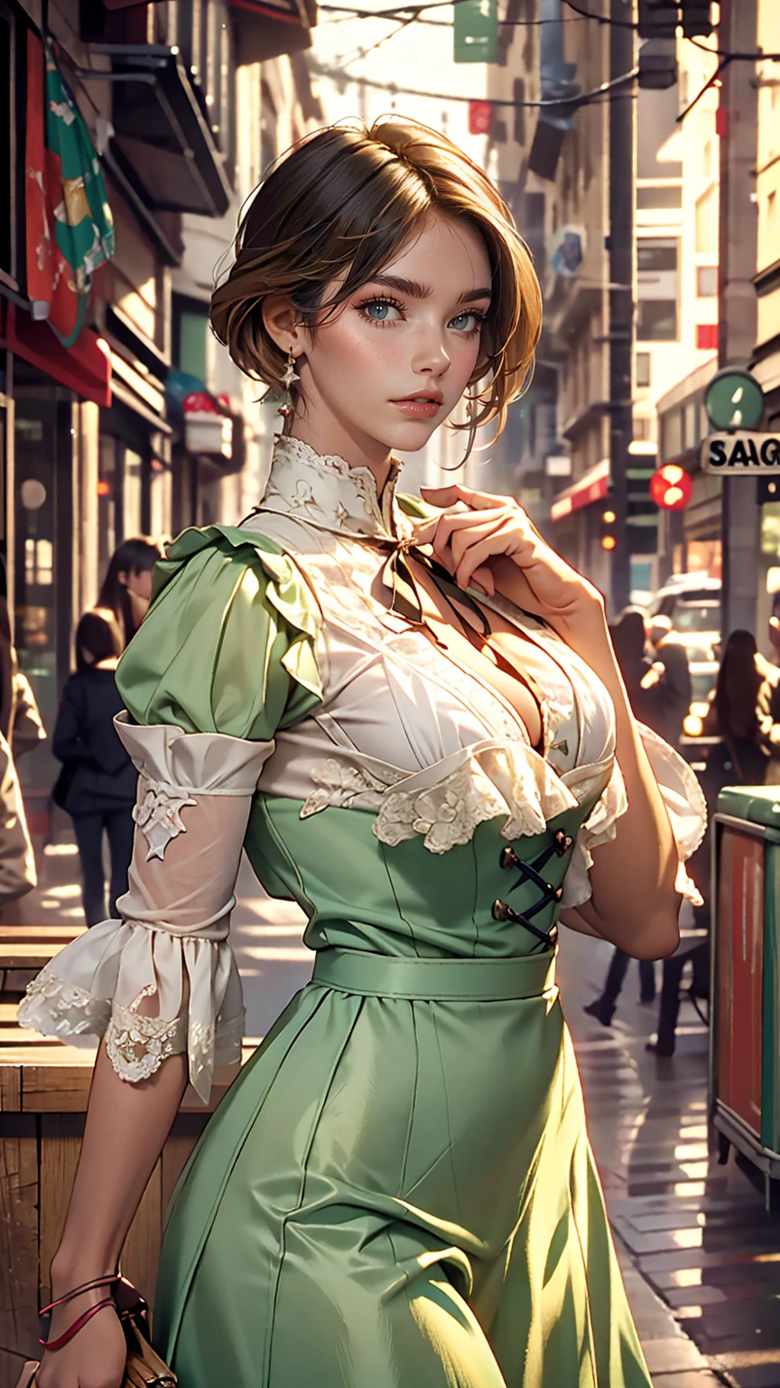 (Cowboy Shot), SFW, (masterpiece), (highest quality:1.0), (Ultra-high resolution:1.0), Fine grain, break , Miss Martian YJ, Green skin, short hair, One girl, sweet_Lolita, break, (street, indoor, Nice views)