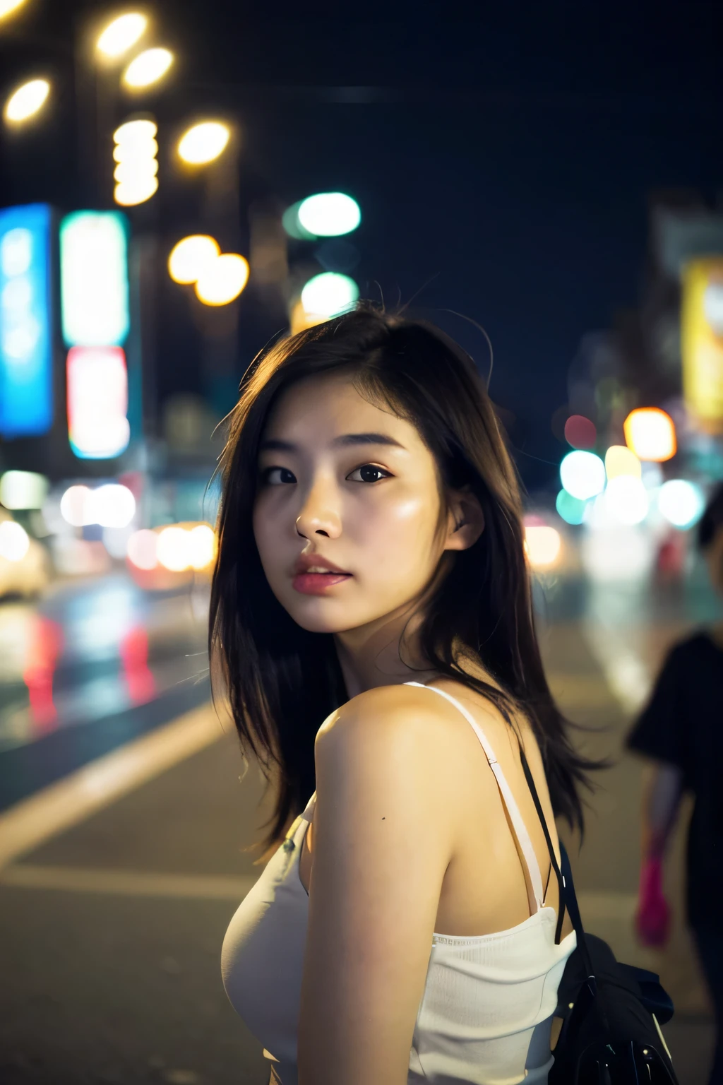 (Cinematic Aesthetics:1.4) Foto de uma linda modelo coreana bokeh city night