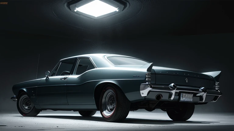 mid 60s luxury sedan, rear view, futuristic car, mystery, epic scene, fantasy car, classic car, highly detailed, photorealistic, ultra-detailed, 8k, masterpiece, best quality, award winning, dramatic lighting, cinematic, moody atmosphere, chiaroscuro, dynamic composition, intricate details, gleaming chrome, glossy paint, seamless integration, stunning realism