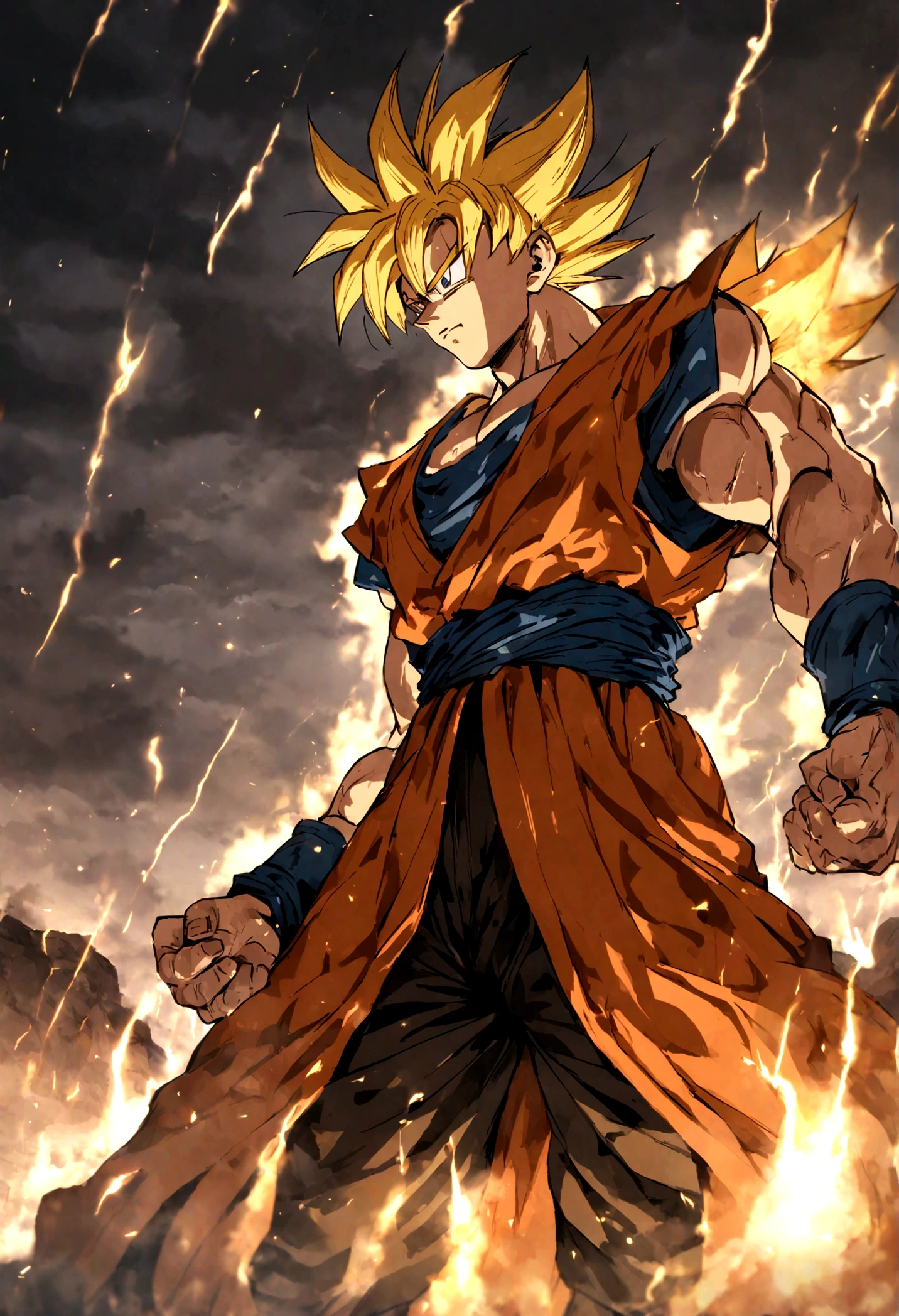 GOKU managed to recover from defeat. EFFECT = FIRE, LIGHTNING on background