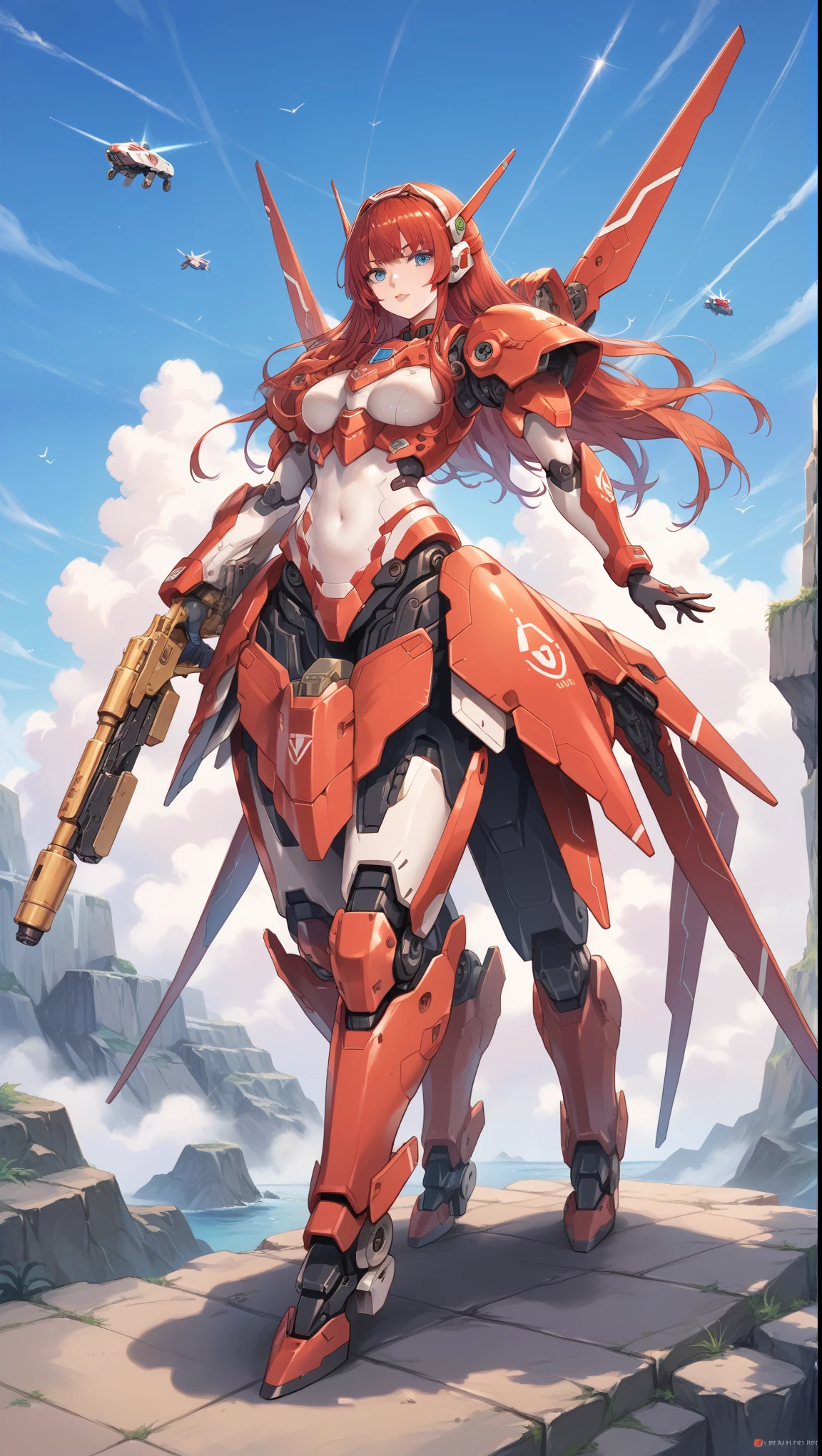 score_9, score_8_up, score_7_up, source_anime,masterpiece, best quality, high resolution, extremely detailed CG, absurdres, highres, ((perfect face, detailed face)), 1girl, solo, A mecha centaur girl, mecha girl, ((white_outfit with blue_praints)), holding weapon, mecha long gun, outdoors, (red_hair, orange_armor), high contrast, ((gloss))