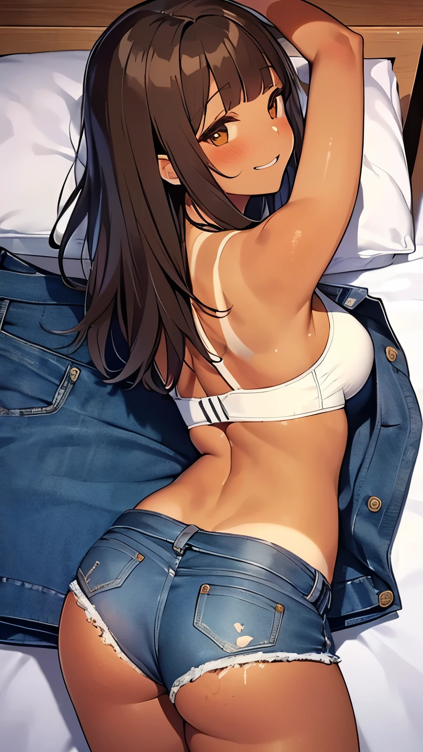 highest quality、 bra、Beige shorts、Cute appearance、Stretch your legs in the room、Armpit sweat、Grass、Ecstasy face,(Attractive person), (girl1), (Highly detailed face, profile) , (日本のgirl), Slightly round face, (Tan brown face:1.6), cute, Big eyes、2D,highest quality,(masterpiece),(((Whole body image))),(((Head to toe on screen:1.2))),(((Aya Shameimaru:1.5))),(medium length hair:1.6),(blunt bangs:1.6),((black hair)),(Healthy brown skin:1.8),((Denim Hot Pants are green in color)),Leather Belt,(Sports Bra),(back:1.8),Shining bare feet,barefoot,Beautiful brown eyes,(Attractive thighs:1.6),Sloppy body type,Bedroom,Get drunk,Upward glance,cheeks are bright red,あざとcute,Sleeping face like an angel,A big smile,幸せそうなprofile,Close both eyes,Erotic look,Large drops of sweat all over the body,humid,Waistline、My Room、(Lie face down on the bed:1.6),(Angle shot from directly above:1.2),Back view, Close your sexy legs,Sole、Heel,Ankle