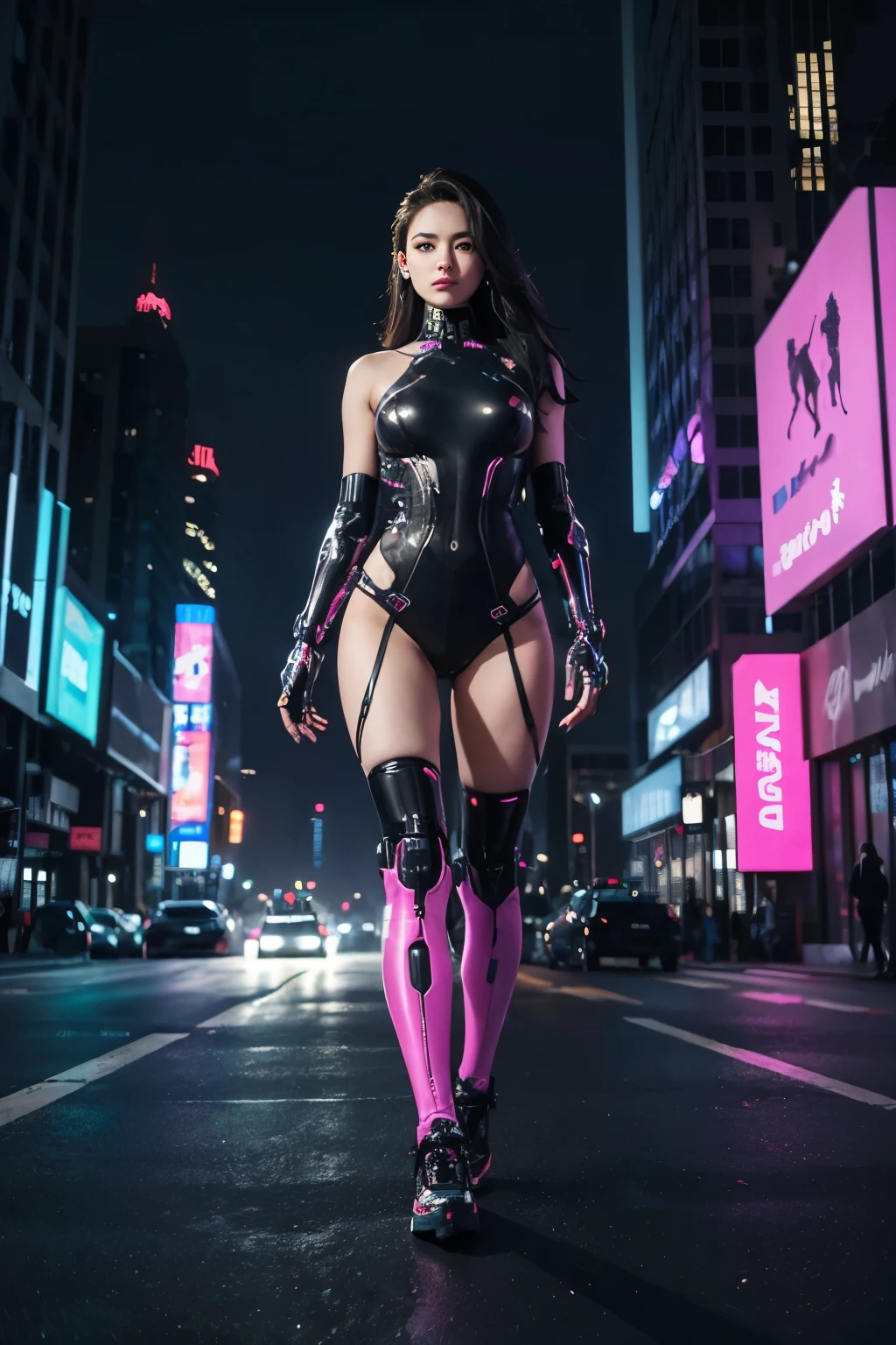 In a futuristic cyberpunk world, neon lights illuminate towering skyscrapers adorned with holographic advertisements. The streets are bustling with a mix of people and robots, all wearing stylish, futuristic clothing. In the center of the city, a beautiful young woman stands confidently. She has long, flowing hair and is dressed in a sleek, high-tech outfit with glowing accents. Her eyes are enhanced with cybernetic implants, giving her a piercing, otherworldly gaze. She is depicted in full-body view, standing amidst the busy streets, exuding an air of confidence and mystery. The background is filled with flying vehicles and a sprawling cityscape that stretches into the horizon, creating a vibrant, dynamic scene.