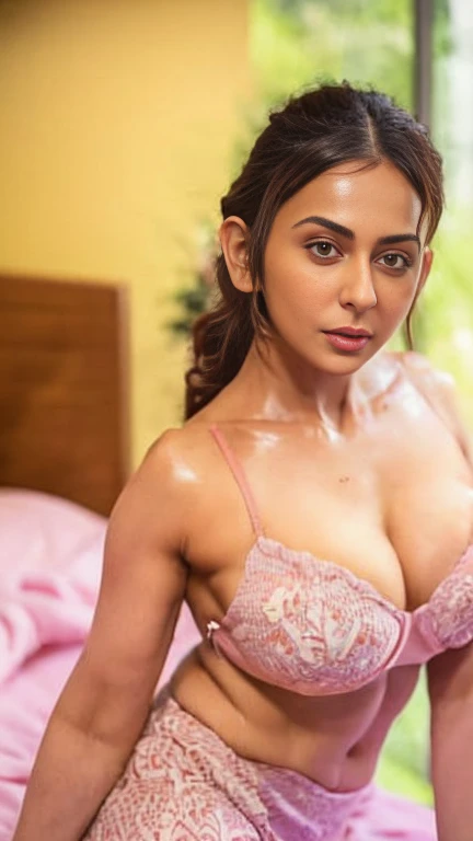 Day scene,rkps woman, close up bustshot of a woman from front view, posing in  bedroom, wearing ((cotton micro bikini)), perfect figure, deep cleavage, look at viewer, intricate details, rakul preeth singh,(perfect beautiful eyes), cool filter, kodak fujifilm