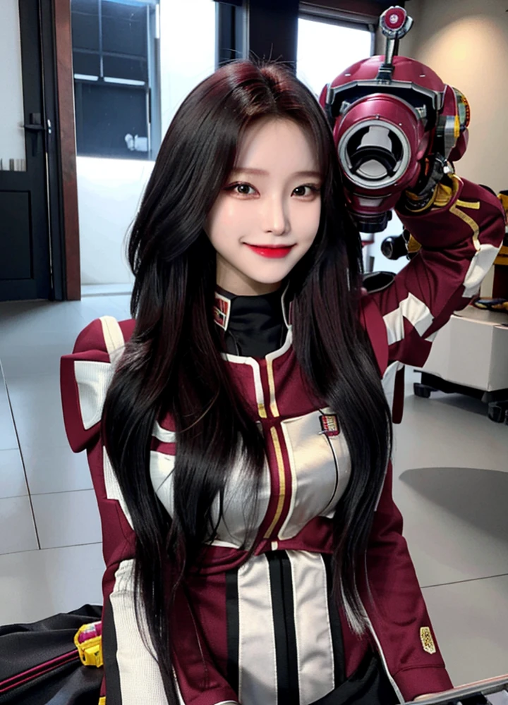 Armoured girl, realistic, long hair, maroon black robotics, smile,