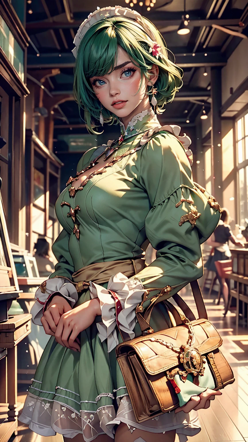 (Cowboy Shot), SFW, (masterpiece), (highest quality:1.0), (Ultra-high resolution:1.0), Fine grain, break , Miss Martian YJ, Green skin, short hair, One girl, sweet_ta, break, (street, indoor, Nice views)