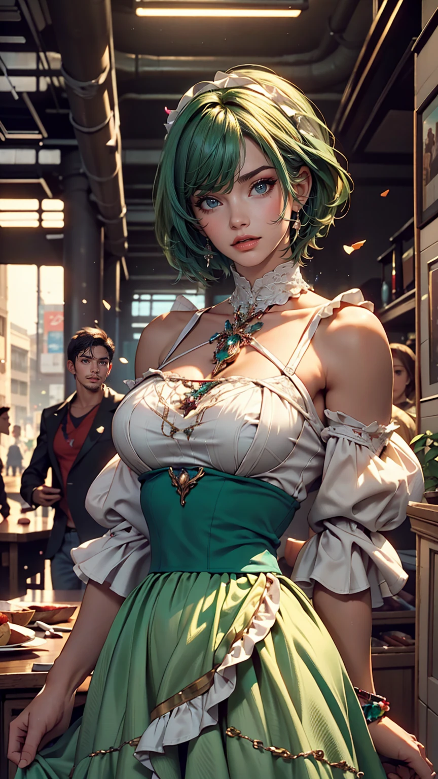 (Cowboy Shot), SFW, (masterpiece), (highest quality:1.0), (Ultra-high resolution:1.0), Fine grain, break , Miss Martian YJ, Green skin, short hair, One girl, sweet_Lolita, break, (street, indoor, Nice views)