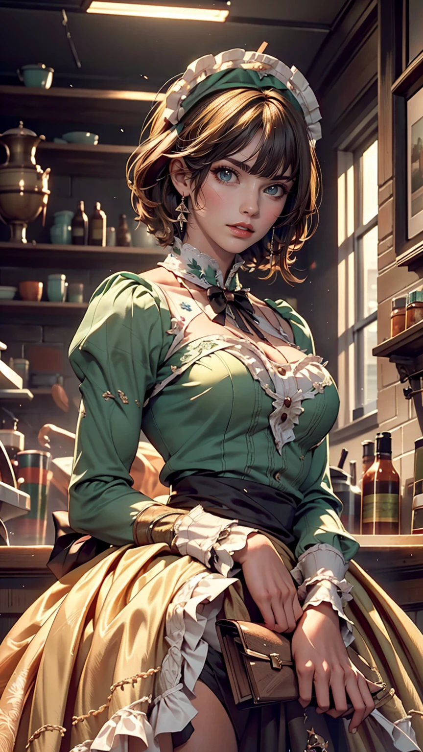 (Cowboy Shot), SFW, (masterpiece), (highest quality:1.0), (Ultra-high resolution:1.0), Fine grain, break , Miss Martian YJ, Green skin, short hair, One girl, sweet_Lolita, break, (street, indoor, Nice views)