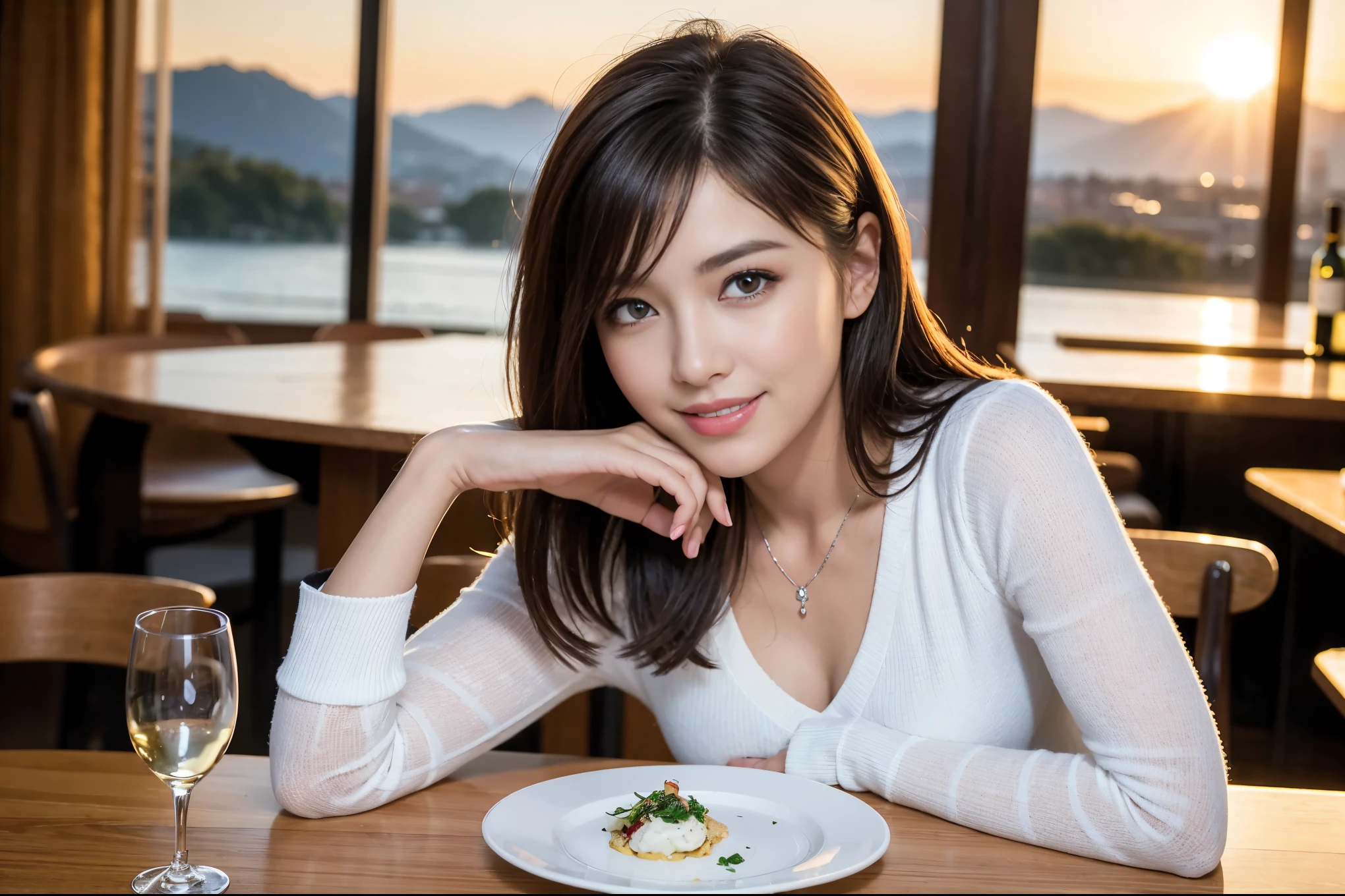 ((highest quality、8k、masterpiece:1.3))、Eri Fukatsu lookalike beauty、1 male、1 female、Couple、Spouse、half、The body is slim、((Bob Hale、Straight hair:1.2)), (Realistic, Intricate details:1.2), Wine glass on the table、Shine light on your face、 Amazing view of the sunset sky and clouds、Amazing mountain views、A bright smile、The wonderfulness of smile、Bright image、The beauty of wine, Beautiful Face, blue eyes, The light shines on your face, Blushing, short hair,Bright Face、 (Age 44), 43 years old, red wine 、Appetizers、Italian food、Wine bottle、Champagne、sparkling wine、Two beauties、Brown Hair、Shortcuts、Long sleeve shirt、dress、Pretty Woman 1, (Slim face), (The body is slim), (Brown Hair), (Shortcuts), cheeks turn a little red,Attractive beauty、restaurant, In a prominent place (From the waist up) Nova Frog Style, actress, model, Upper Body, White wine, slim, wine glass, A wine glass placed in the center, smile, (smile: 1.15), Beautiful fine grain, Depth f/2,saturation, High Contrast, Strong light and shadow,Moist Body:1.5、3D texture、Delicate eyes、Brown Hair、The hair is very shiny、