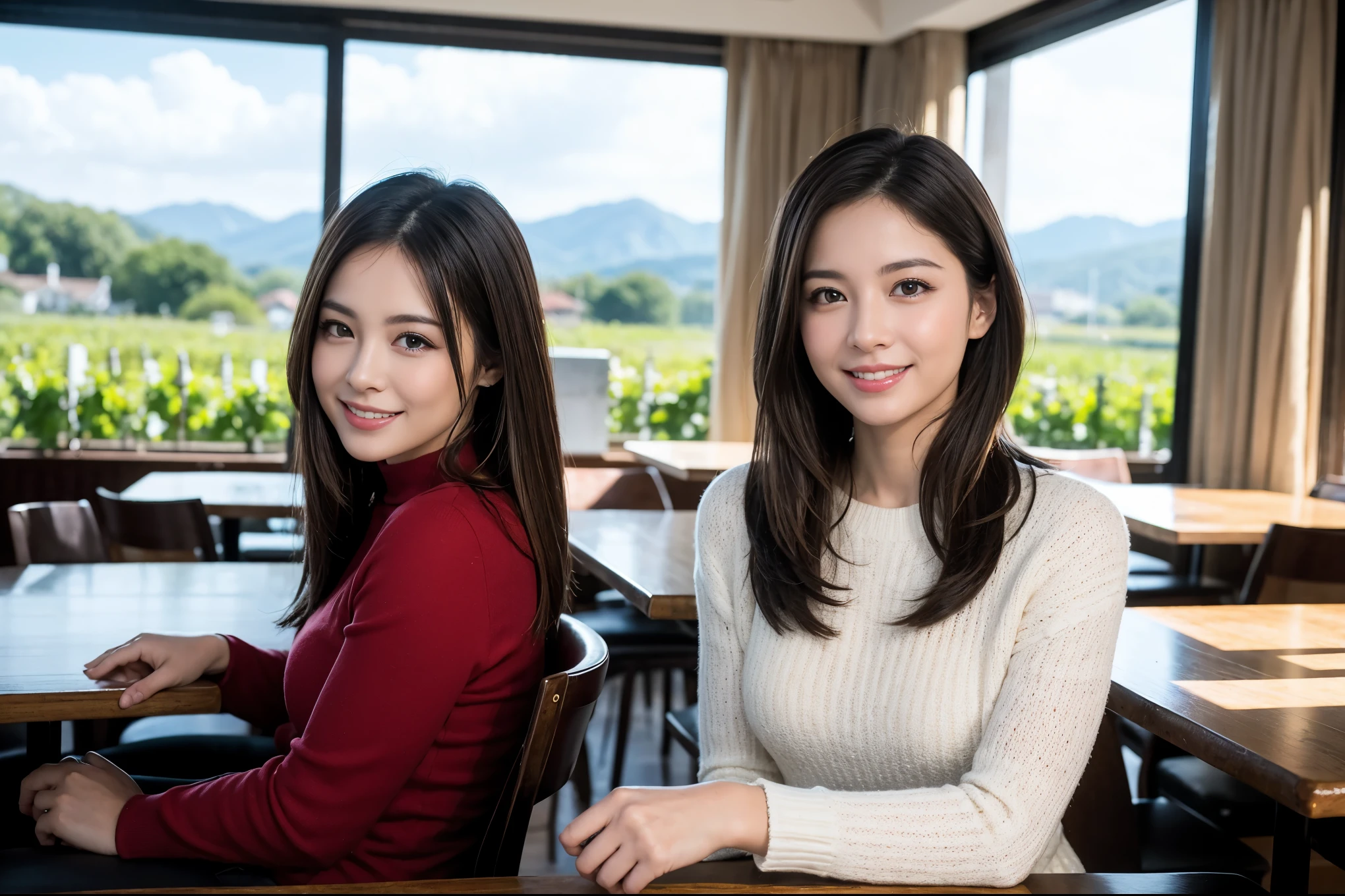 ((highest quality、8k、masterpiece:1.3))、Eri Fukatsu lookalike beauty、1 male、1 female、Couple、Spouse、half、The body is slim、((Bob Hale、Straight hair:1.2)), (Realistic, Intricate details:1.2), Wine glass on the table、Shine light on your face、 Amazing view of the sunset sky and clouds、Amazing mountain views、A bright smile、The wonderfulness of smile、Bright image、The beauty of wine, Beautiful Face, blue eyes, The light shines on your face, Blushing, short hair,Bright Face、 (Age 44), 43 years old, red wine 、Appetizers、Italian food、Wine bottle、Champagne、sparkling wine、Two beauties、Brown Hair、Shortcuts、Long sleeve shirt、dress、Pretty Woman 1, (Slim face), (The body is slim), (Brown Hair), (Shortcuts), cheeks turn a little red,Attractive beauty、restaurant, In a prominent place (From the waist up) Nova Frog Style, actress, model, Upper Body, White wine, slim, wine glass, A wine glass placed in the center, smile, (smile: 1.15), Beautiful fine grain, Depth f/2,saturation, High Contrast, Strong light and shadow,Moist Body:1.5、3D texture、Delicate eyes、Brown Hair、The hair is very shiny、