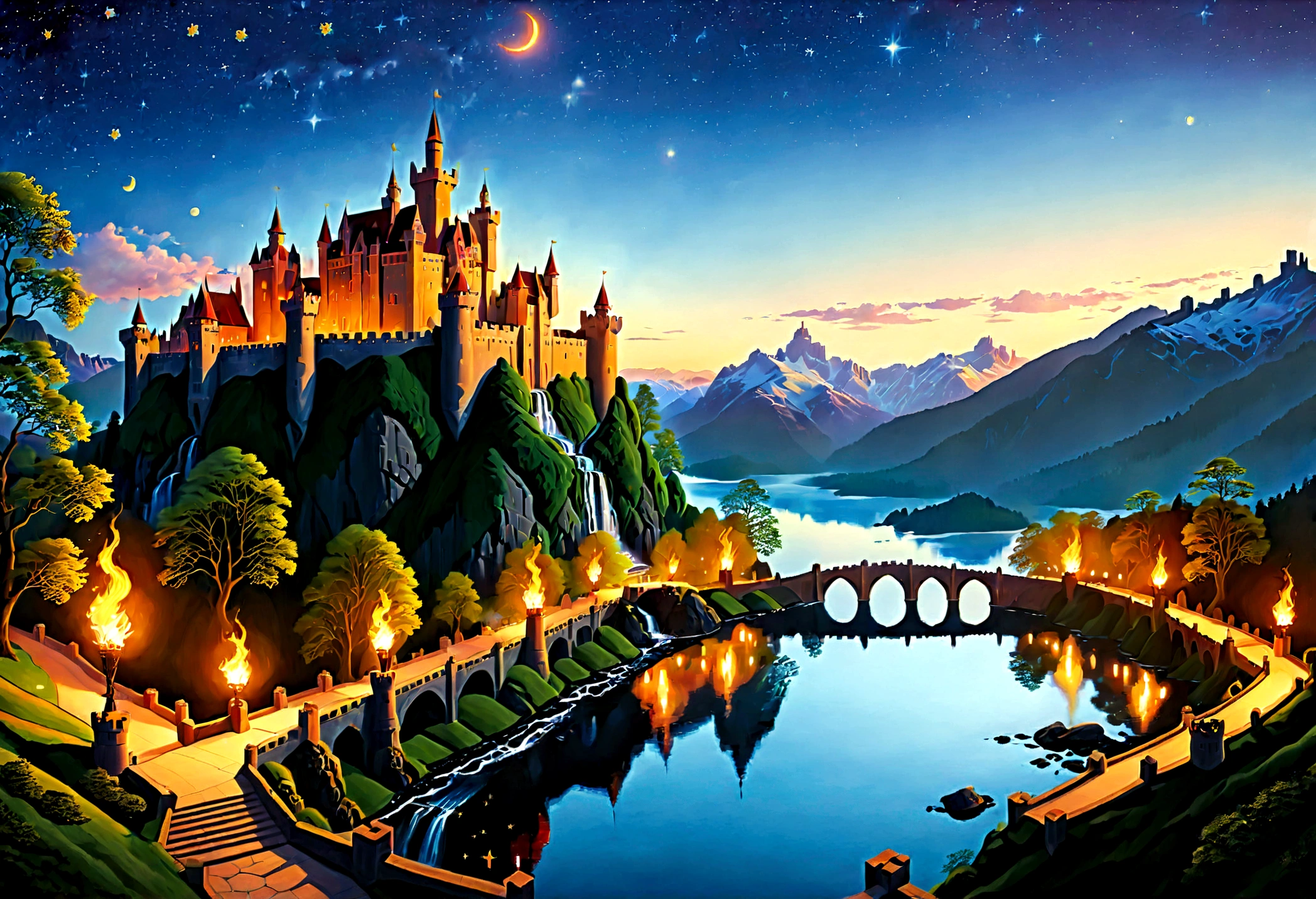 an award winning picture, National Geographic style, Arafed, magnificent artistic picture of a (castle: 1.4) on a mountain range near a lake at dusk, fantasy art D&D art, castle, with towers, turrets, barbican, it is dusk time, the sun is going down, and there are stars in the skies, the last rays of sun, there is a ((bridge lit by torches: 1.4)) crossing to the other side, fantasy forest background, ultra best realistic, best details, 16k, [ultra detailed], masterpiece, best quality, (extremely detailed), photorealism, depth of field, hyper realistic painting, Cinematic Hollywood Film style, digital art