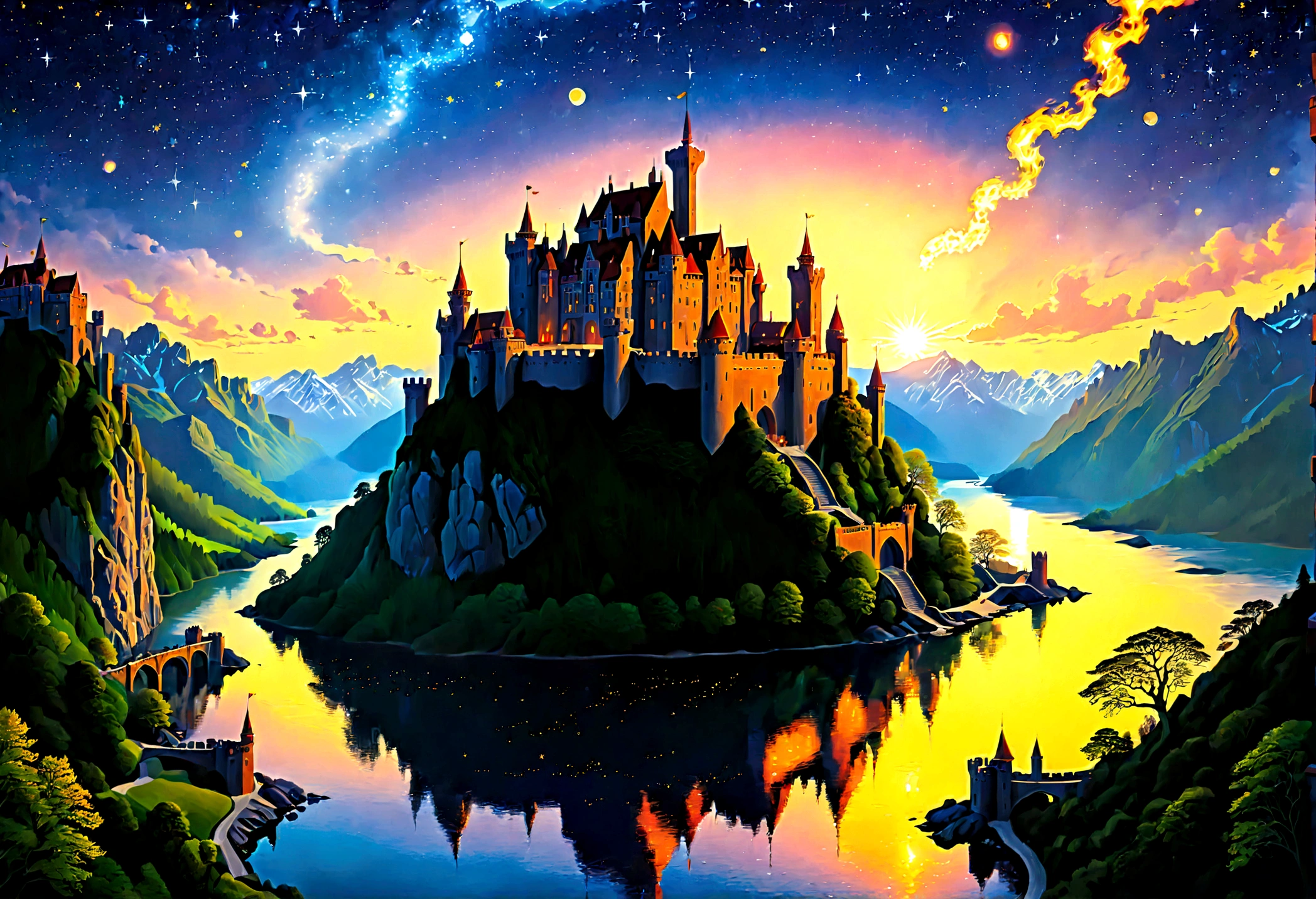 an award winning picture, National Geographic style, Arafed, magnificent artistic picture of a (castle: 1.4) on a mountain range near a lake at dusk, fantasy art D&D art, castle, with towers, turrets, barbican, it is dusk time, the sun is going down, and there are stars in the skies, the last rays of sun, there is a ((bridge lit by torches: 1.4)) crossing to the other side, fantasy forest background, ultra best realistic, best details, 16k, [ultra detailed], masterpiece, best quality, (extremely detailed), photorealism, depth of field, hyper realistic painting, Cinematic Hollywood Film style, digital art