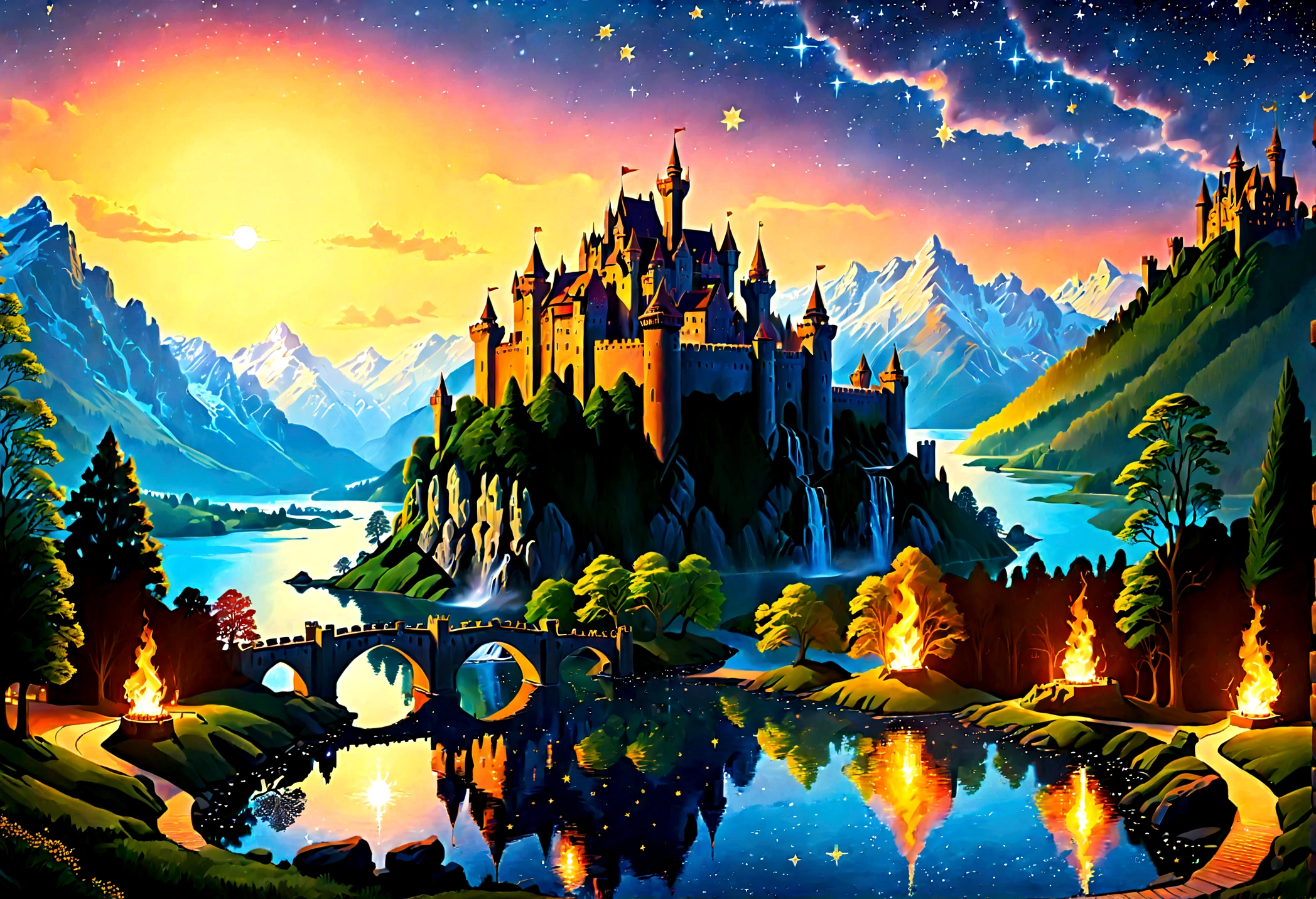 an award winning picture, National Geographic style, Arafed, magnificent artistic picture of a (castle: 1.4) on a mountain range near a lake at dusk, fantasy art D&D art, castle, with towers, turrets, barbican, it is dusk time, the sun is going down, and there are stars in the skies, the last rays of sun, there is a ((bridge lit by torches: 1.4)) crossing to the other side, fantasy forest background, ultra best realistic, best details, 16k, [ultra detailed], masterpiece, best quality, (extremely detailed), photorealism, depth of field, hyper realistic painting, Cinematic Hollywood Film style, digital art