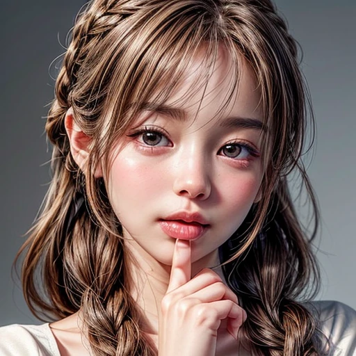 (highest quality,Super detailed,Physically Based Rendering:1.2), Realistic,Portraiture,Beautiful young woman with Braided hair and captivating eyes,Delicate facial features,Soft lighting, Vibrant colors, ((Playfully licking fingers with tongue, Gently placing a finger in the mouth)),Subtle expressions of joy and anticipation,Romantic atmosphere, (Close-up shot of sensual lips),Cheeks turn slightly red,Sensual and sophisticated,A gentle and captivating gaze. centered, Studio gray background . Clear Whitening Skin with glowing DowneyHair .