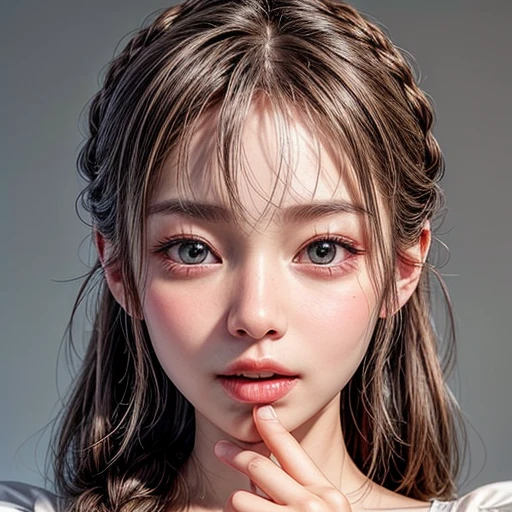 (highest quality,Super detailed,Physically Based Rendering:1.2), Realistic,Portraiture,Beautiful young woman with Braided hair and captivating eyes,Delicate facial features,Soft lighting, Vibrant colors, ((Playfully licking fingers with tongue, Gently placing a finger in the mouth)),Subtle expressions of joy and anticipation,Romantic atmosphere, (Close-up shot of sensual lips),Cheeks turn slightly red,Sensual and sophisticated,A gentle and captivating gaze. centered, Studio gray background . Clear Whitening Skin with glowing DowneyHair .