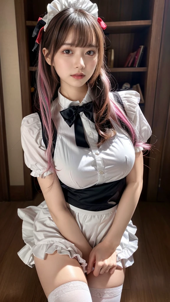 Mature Woman、Pink Hair、Light gray hair、((Two-tone hair))、White ta dress with delicate pink decoration、Slender women、Cute Woman、 8K Ultra HD,Detailed face、Delicate texture, Long Hair、(((Blunt bangs)))、(((Drill Hair)))、(bow ribbon, Maid, knee high socks:1.3), (Aside Cutter Shirt), frill skirt、((Ethnic Loli、A room in a Western-style building、((Delicate photo)),(Girl Astepeace RAW Photo Details:1.25), (highest quality:1.6), (超A high resolution:1.5), (Realistic:1.75), 8K resolution, Canon EOS R5, 50mm, Absurd, Super detailed,Cinema Lighting、((stuffed toy:1.25))、 Don't expose it, Large breasts、(Leg spread)、