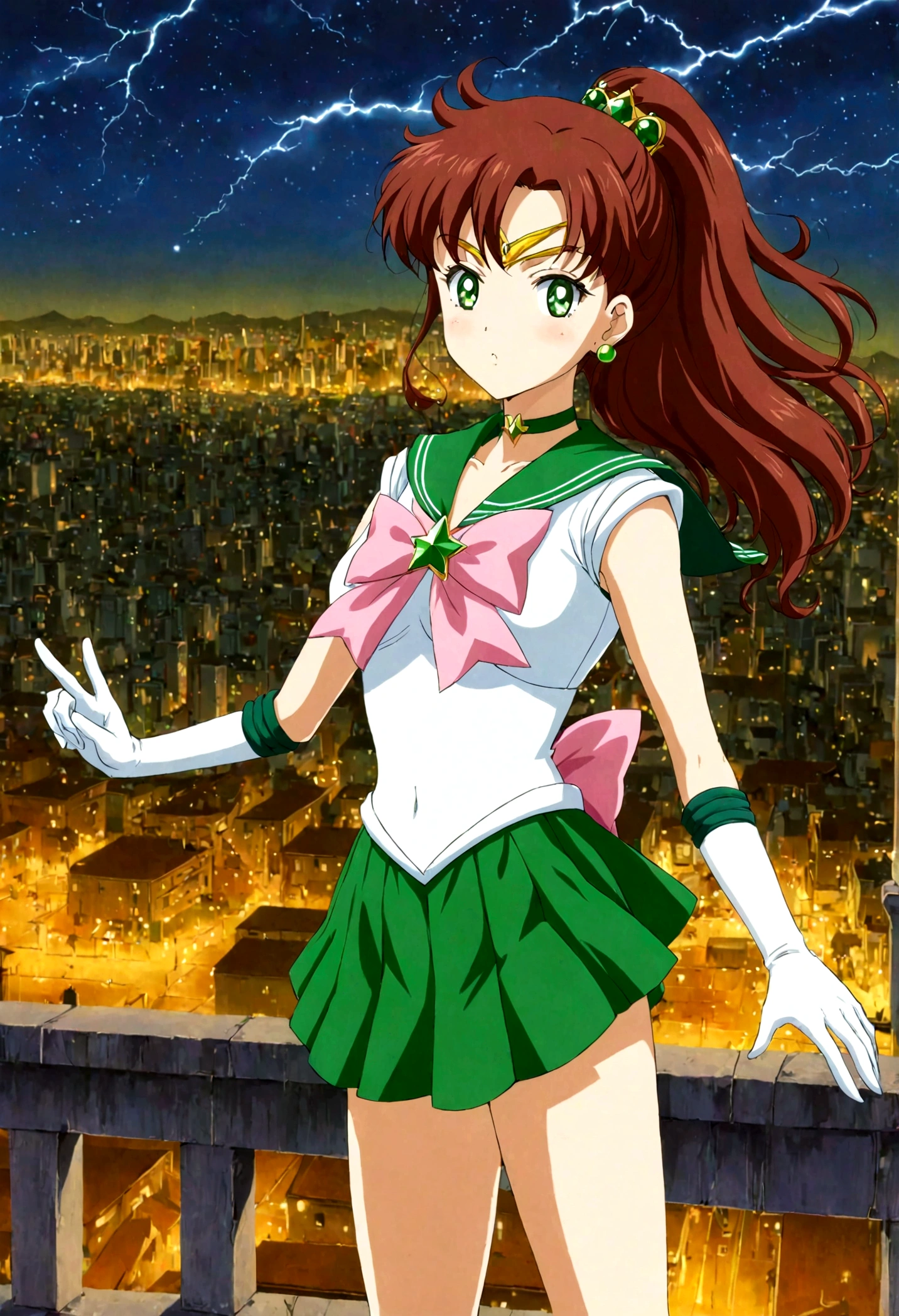 Sailor Jupiter bringing the thunder! masterpiece, best quality, 1girl, solo, looking at viewer, facing viewer, night, rooftop, city, cityscape, anime screencap,1990s \(style\), (art by Naoko Takeuchi), EPsmSailorJupiter, green eyes, brown hair, long hair, ponytail, hair ornament, hair bobbles, brooch, heart brooch, jewelry, tiara, choker, green choker, star choker, skirt, green skirt, pleated skirt, bow, back bow,  pink bow,  gloves, white gloves, elbow gloves, earrings, sailor collar, star (symbol), green sailor collar, sailor senshi uniform, determined face, hands in the air, standing ready to fight, lighting bolts shooting from her tiara