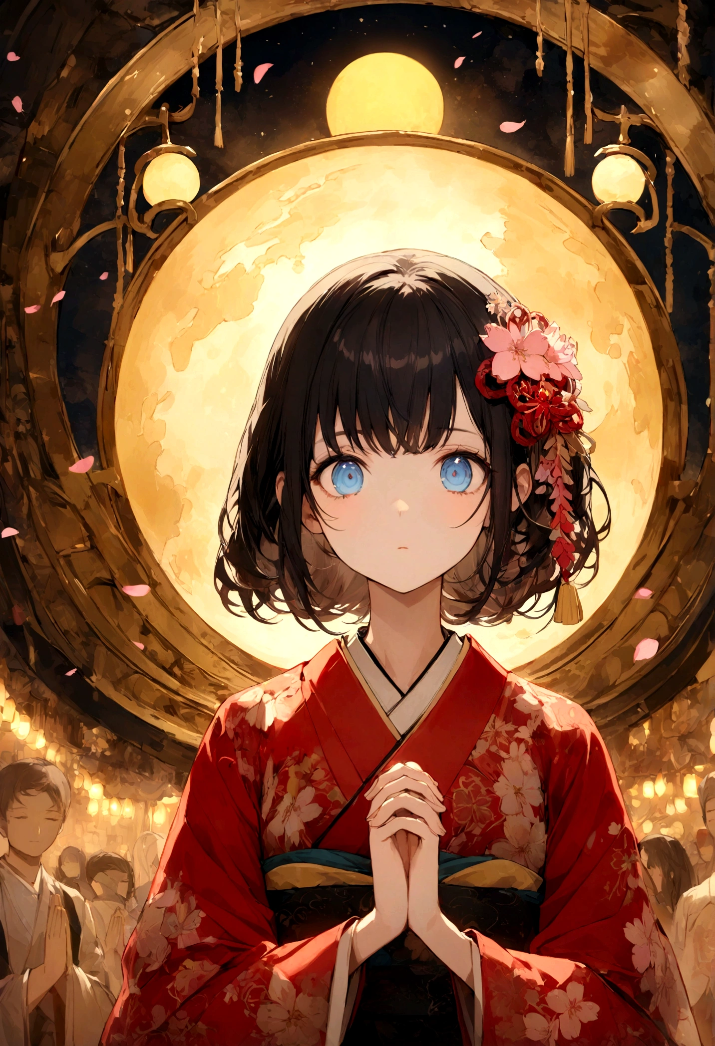 ((Praying Hands)),Upper Body,((Looking at the audience)),Facing the front,Gorgeous red kimono,Intricate patterns that complement the kimono,Long black hair,Pink cherry blossom hair accessory,Beautiful and delicate face,blue eyes,Big eyes,Extremely fine resolution,highest quality,Golden Background,((Golden Moon)),Mysterious,Cherry Blossoms at Night
