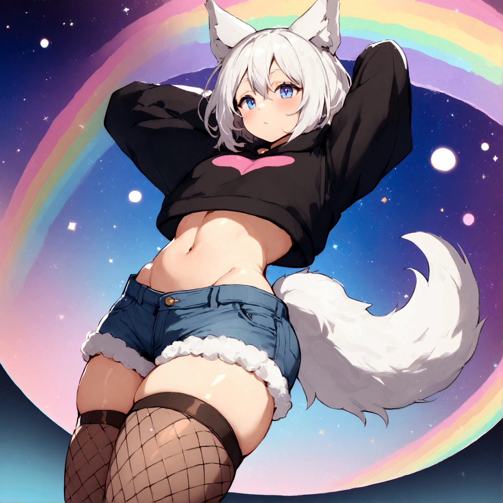 a cute adult male with wolf ears, white hair, has a wolf tail, wearing a loose cropped oversized black hoodie, wearing a pair of denim short shorts and thigh high fishnet stockings, thick thighs, wide hips, relaxing on mound of fluffy multi colored kawaii plushies, short, very slim, showing slender tummy, stretching out, heart on hoodie, squishy thighs, has glowing blue eyes. alone, solo (ALONE)(SOLO), surrounded by rainbows, colorful galaxy backround, nice butt