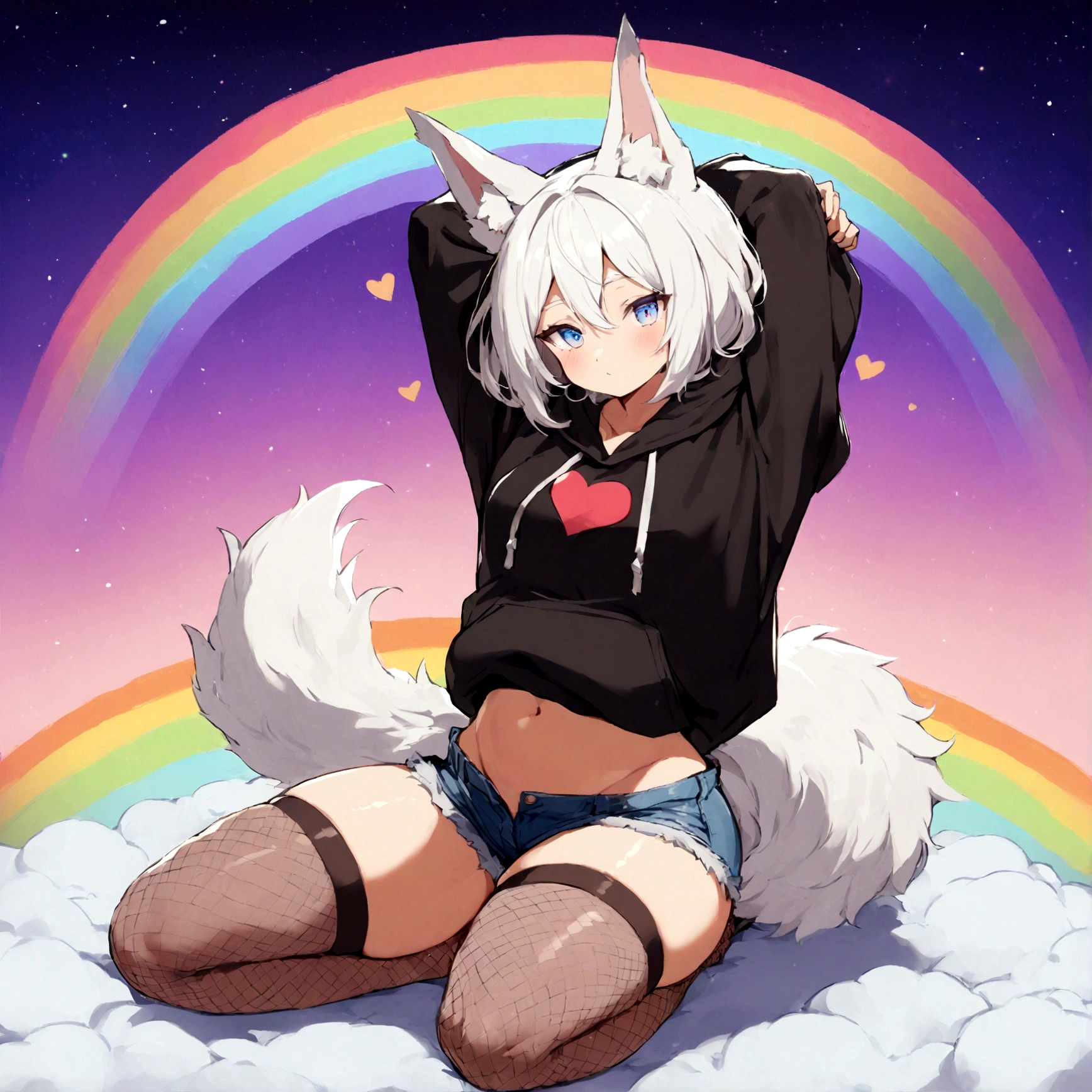 a cute adult male with wolf ears, white hair, has a wolf tail, wearing a loose cropped oversized black hoodie, wearing a pair of denim short shorts and thigh high fishnet stockings, thick thighs, wide hips, relaxing on mound of fluffy multi colored kawaii plushies, short, very slim, showing slender tummy, stretching out, heart on hoodie, squishy thighs, has glowing blue eyes. alone, solo (ALONE)(SOLO), surrounded by rainbows, colorful galaxy backround, nice butt