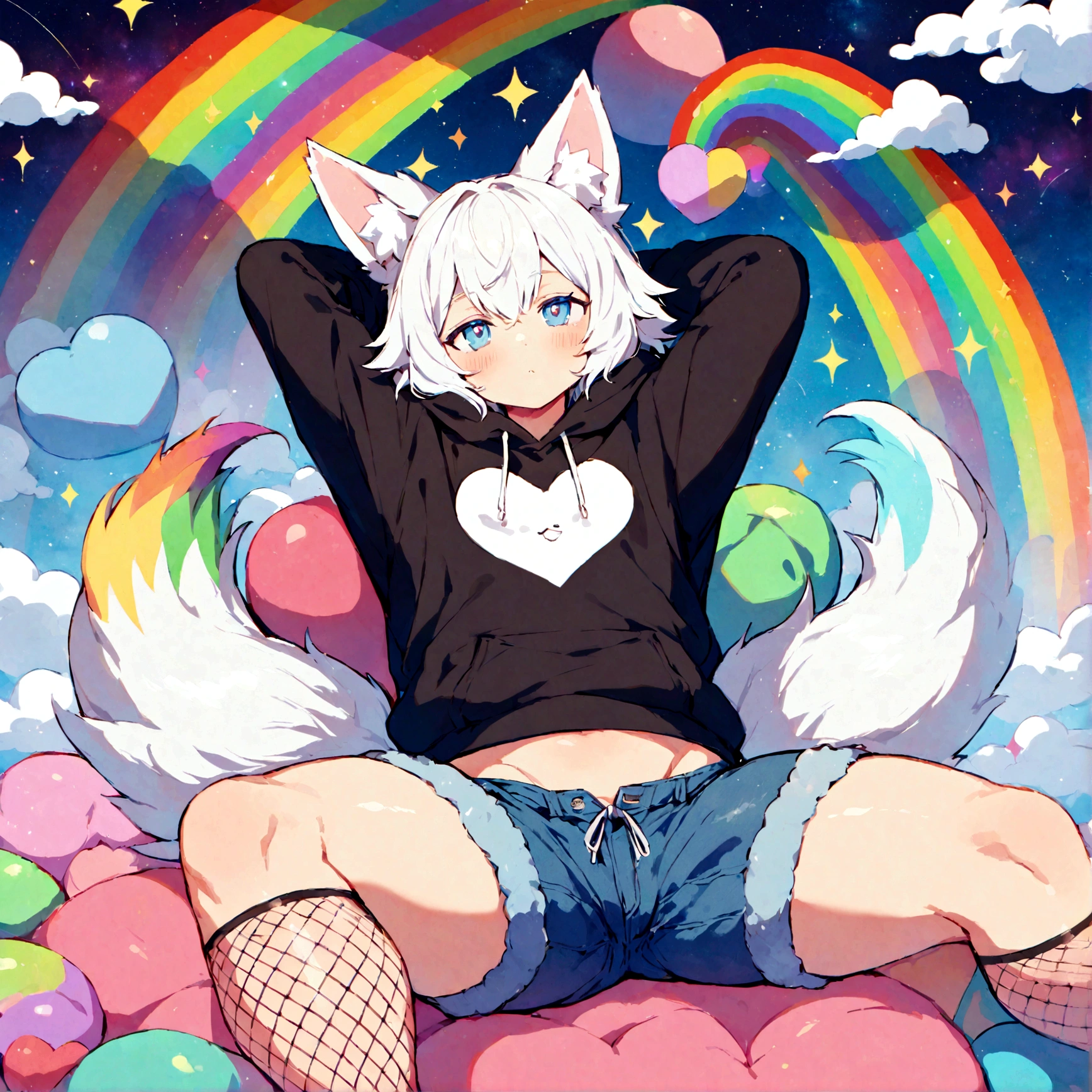 a cute adult male with wolf ears, white hair, has a wolf tail, wearing a loose cropped oversized black hoodie, wearing a pair of denim short shorts and fishnet stockings, thick thighs, wide hips, relaxing on mound of fluffy multi colored kawaii plushies, short, very slim, showing slender tummy, stretching out, heart on hoodie, squishy thighs, has glowing blue eyes. alone, solo (ALONE)(SOLO), surrounded by rainbows, colorful galaxy backround