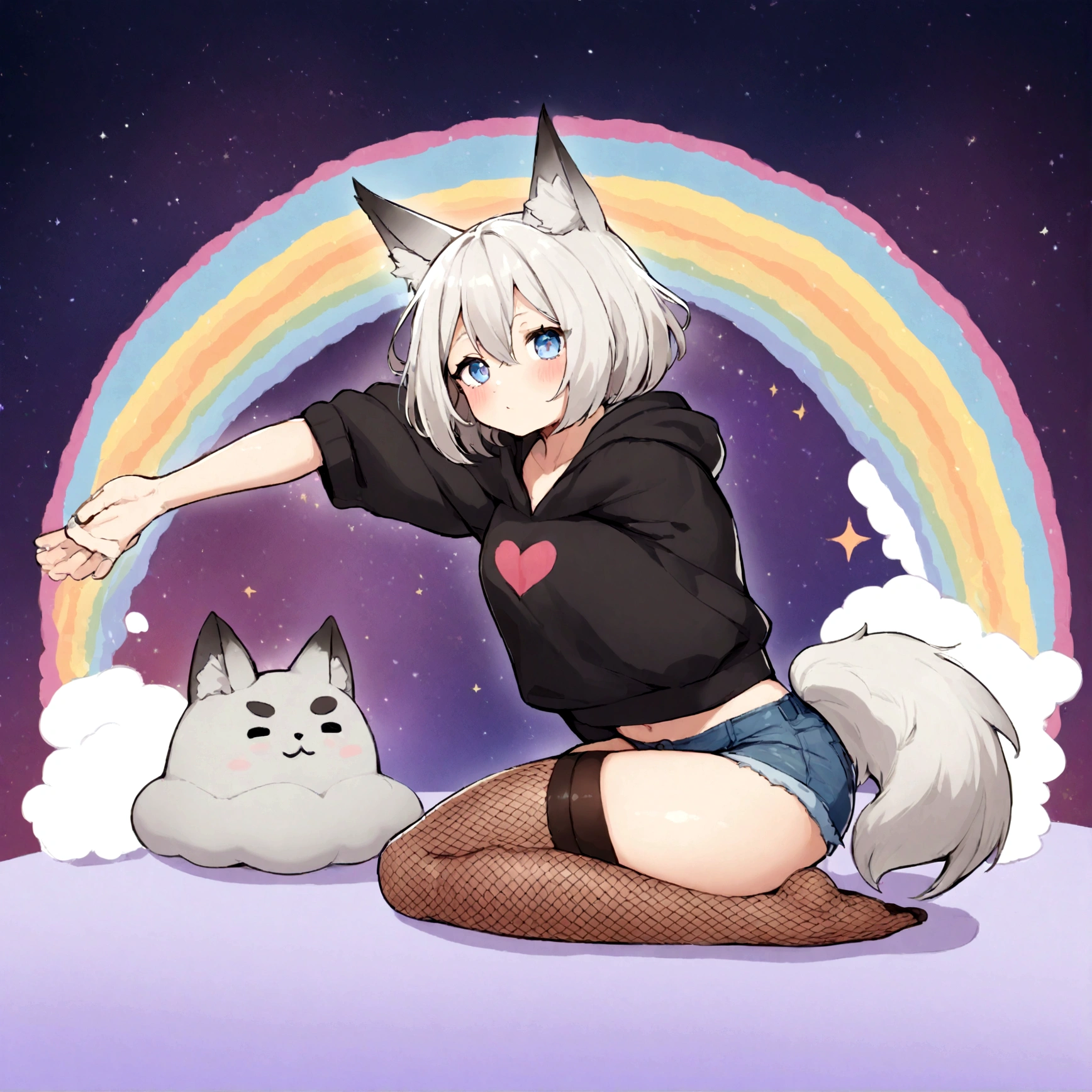 a cute adult male with wolf ears, white hair, has a wolf tail, wearing a loose cropped oversized black hoodie, wearing a pair of denim short shorts and thigh high fishnet stockings, thick thighs, wide hips, relaxing on mound of fluffy multi colored kawaii plushies, short, very slim, showing slender tummy, stretching out, heart on hoodie, squishy thighs, has glowing blue eyes. alone, solo (ALONE)(SOLO), surrounded by rainbows, colorful galaxy backround, nice butt