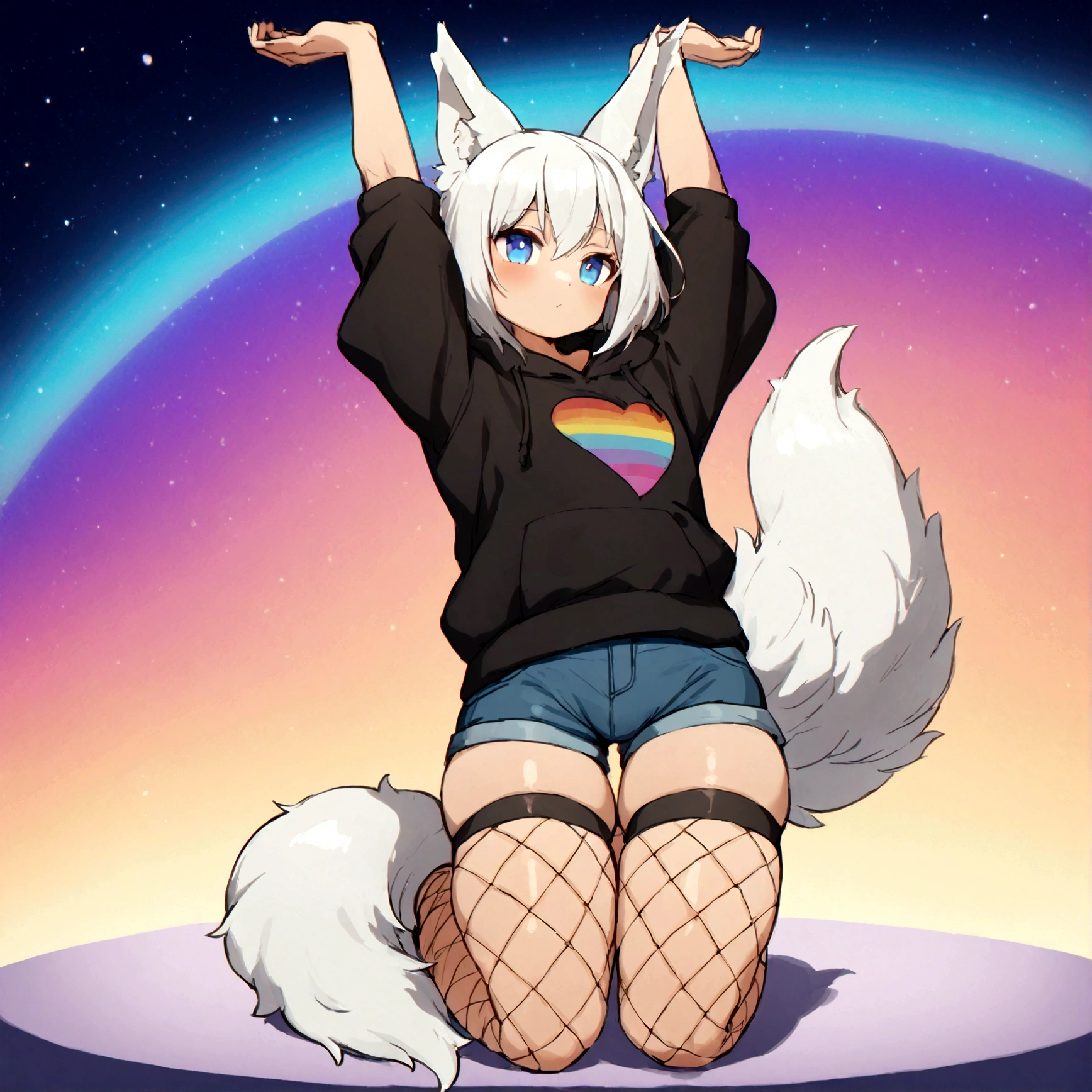 a cute adult male with wolf ears,long white hair with long locks, has a wolf tail, wearing a loose cropped oversized black hoodie, wearing a pair of denim short shorts and thigh high fishnet stockings, thick thighs, wide hips, relaxing on mound of fluffy multi colored kawaii plushies, short, very slim, showing slender tummy, stretching out, heart on hoodie, squishy thighs, has glowing blue eyes. alone, solo (ALONE)(SOLO), surrounded by rainbows, colorful galaxy backround, nice butt