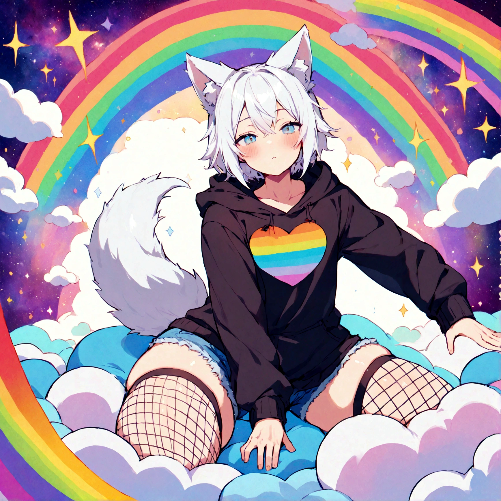 a cute adult male with wolf ears, white hair, has a wolf tail, wearing a loose cropped oversized black hoodie, wearing a pair of denim short shorts and fishnet stockings, thick thighs, wide hips, relaxing on mound of fluffy multi colored kawaii plushies, short, very slim, showing slender tummy, stretching out, heart on hoodie, squishy thighs, has glowing blue eyes. alone, solo (ALONE)(SOLO), surrounded by rainbows, colorful galaxy backround