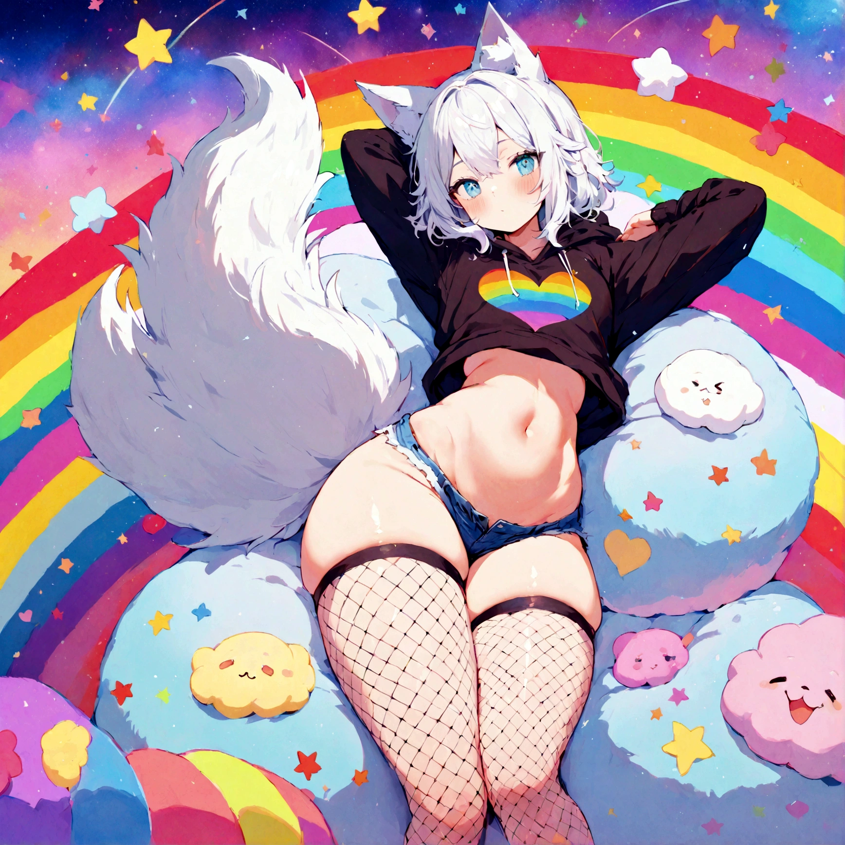 a cute adult male with wolf ears, white hair, has a wolf tail, wearing a loose cropped oversized black hoodie, wearing a pair of denim short shorts and fishnet stockings, thick thighs, wide hips, relaxing on mound of fluffy multi colored kawaii plushies, short, very slim, showing slender tummy, stretching out, heart on hoodie, squishy thighs, has glowing blue eyes. alone, solo (ALONE)(SOLO), surrounded by rainbows, colorful galaxy backround