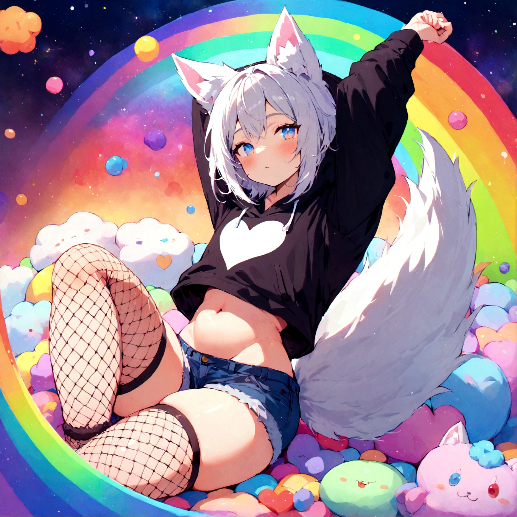 a cute adult male with wolf ears, white hair, has a wolf tail, wearing a loose cropped oversized black hoodie, wearing a pair of denim short shorts and fishnet stockings, thick thighs, wide hips, relaxing on mound of fluffy multi colored kawaii plushies, short, very slim, showing slender tummy, stretching out, heart on hoodie, squishy thighs, has glowing blue eyes. alone, solo (ALONE)(SOLO), surrounded by rainbows, colorful galaxy backround